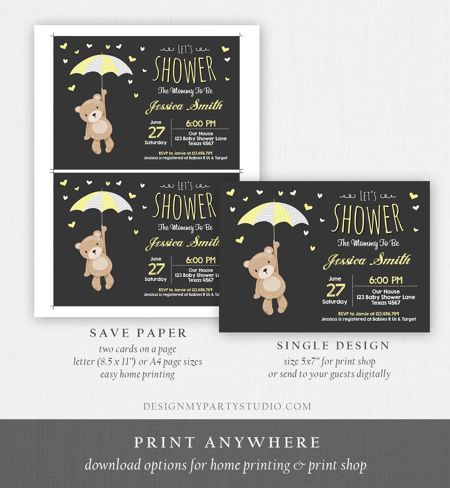 Editable Baby Shower Invitation Teddy Bear Cute Gender Neutral Bear Little Cub Woodland Invitation Template Instant Download Corjl 0025