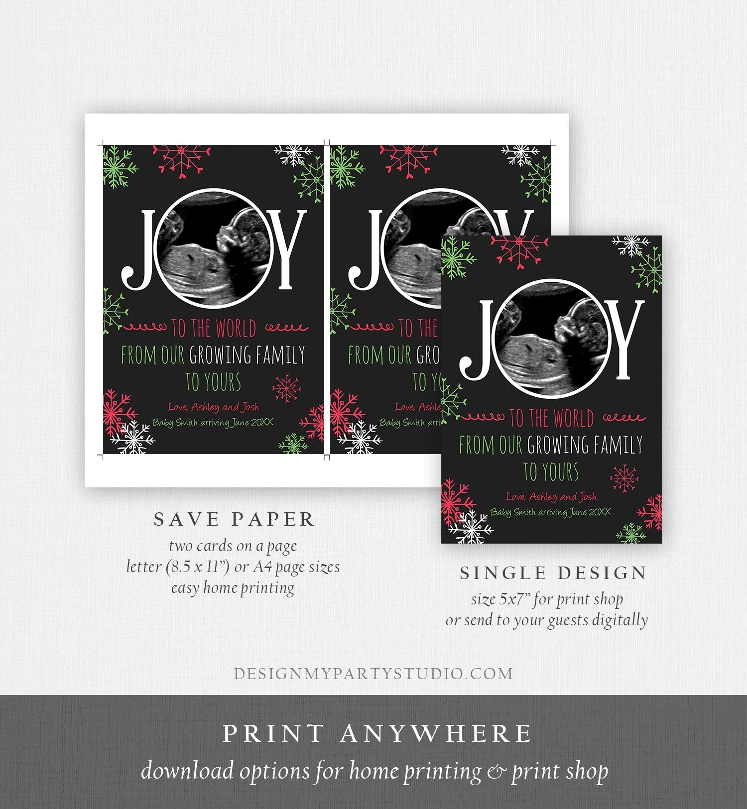 Editable Christmas Pregnancy Announcement Grandparents Joy Family Pregnancy Reveal Photo Ultrasound Printable Invitation Template Corjl