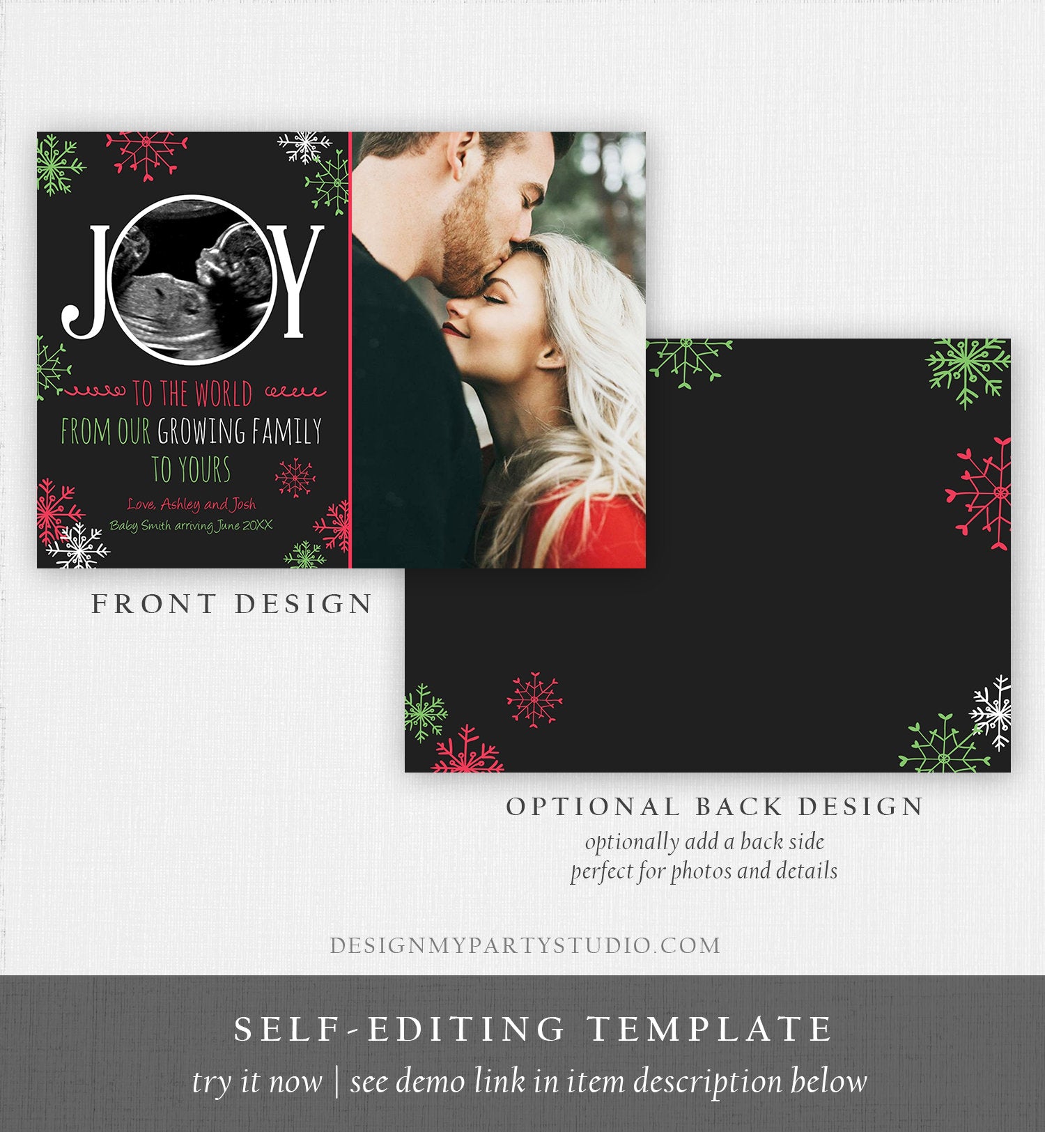 Editable Christmas Pregnancy Announcement Grandparents Joy Family Pregnancy Reveal Photo Ultrasound Printable Invitation Template Corjl