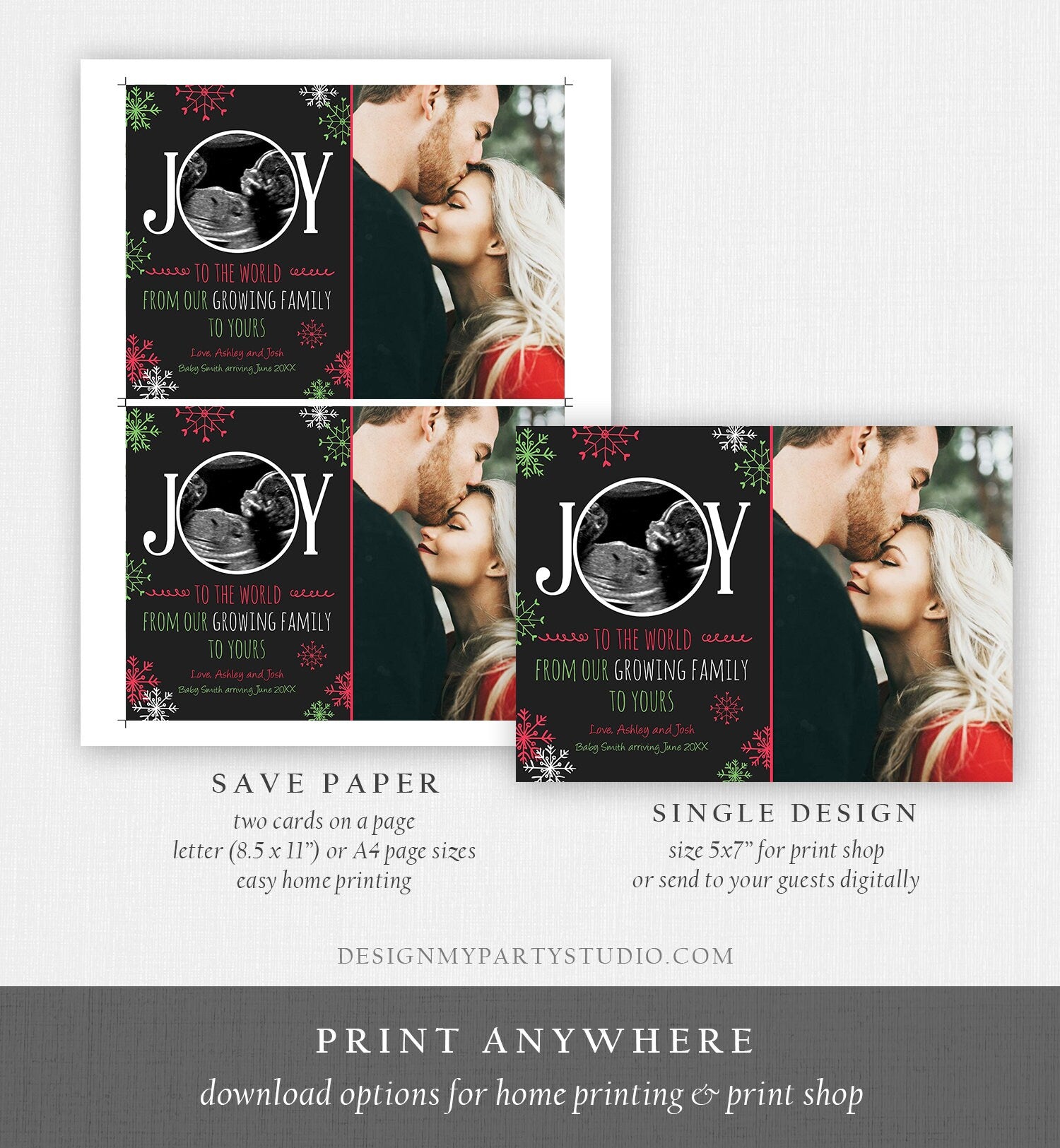 Editable Christmas Pregnancy Announcement Grandparents Joy Family Pregnancy Reveal Photo Ultrasound Printable Invitation Template Corjl