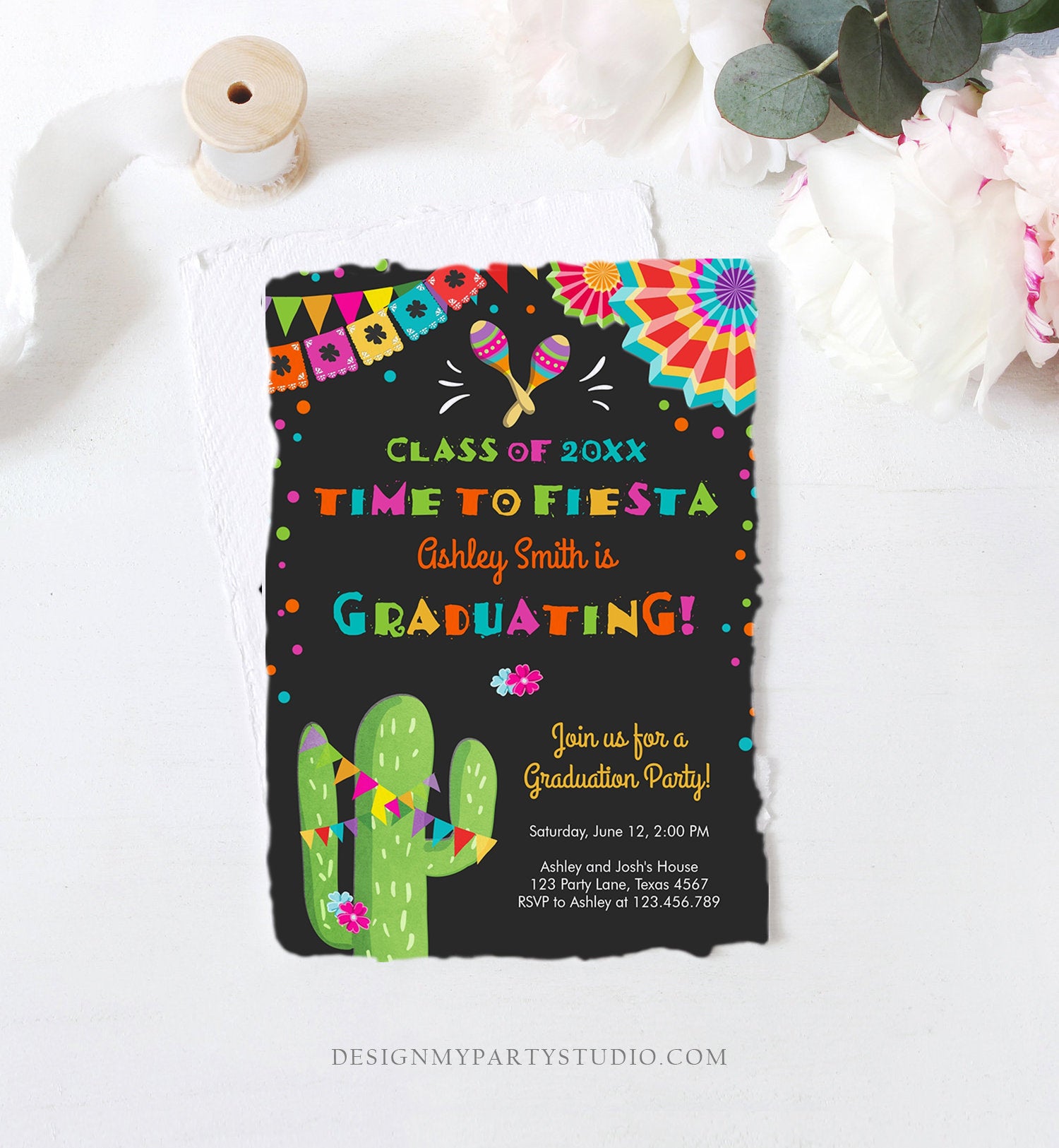 Editable Time to Fiesta Graduation Party Invitation Cactus Let's Fiesta Grad Mexican Graduate Graduating College School Corjl Template 0045