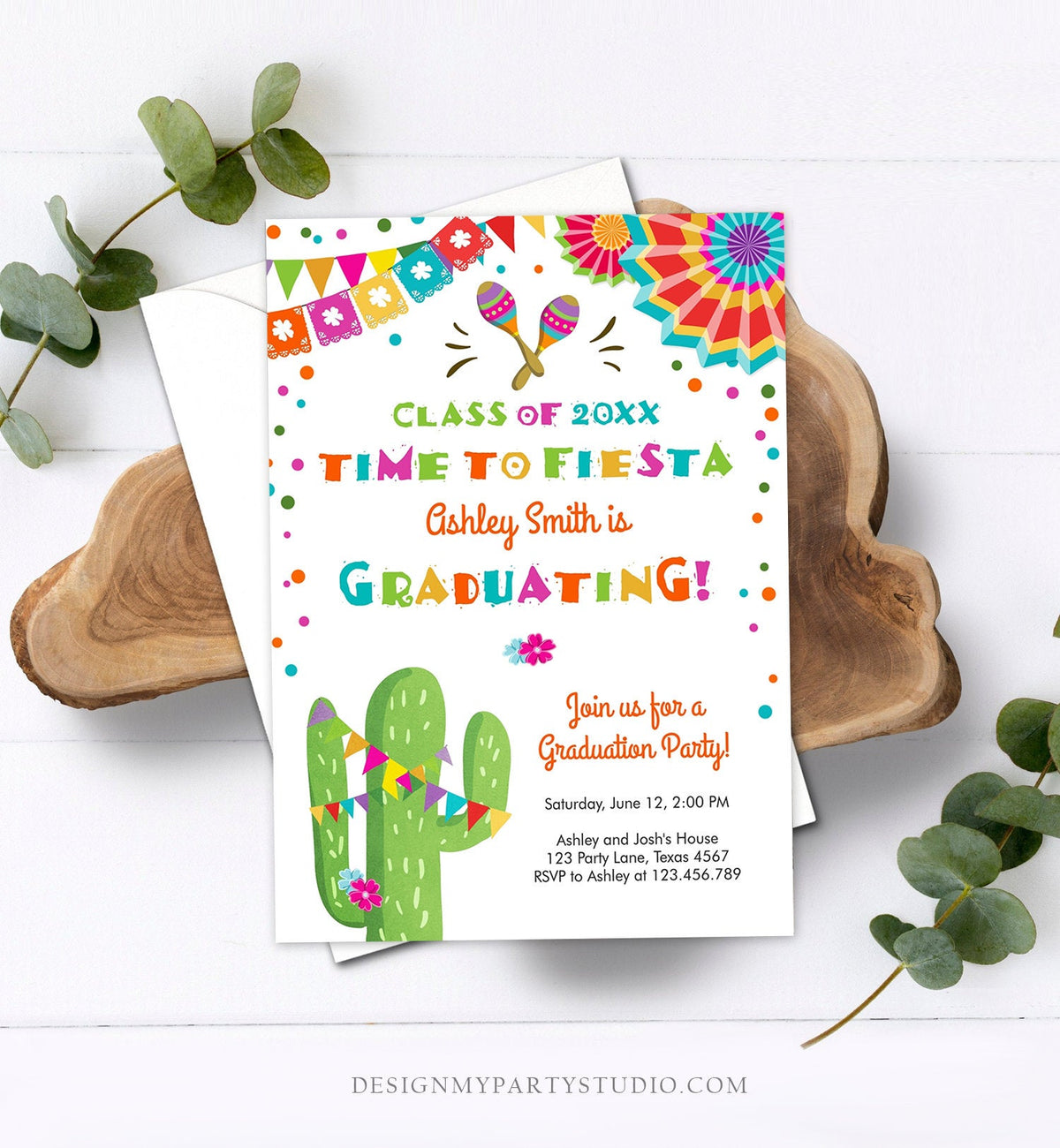 Editable Time to Fiesta Graduation Party Invitation Cactus Let&#39;s Fiesta Grad Mexican Graduate Graduating College School Corjl Template 0045