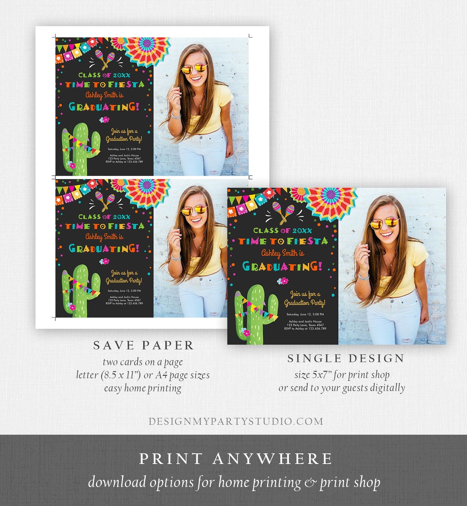 Editable Time to Fiesta Graduation Party Invitation Cactus Let's Fiesta Grad Mexican Graduate Graduating College School Corjl Template 0045