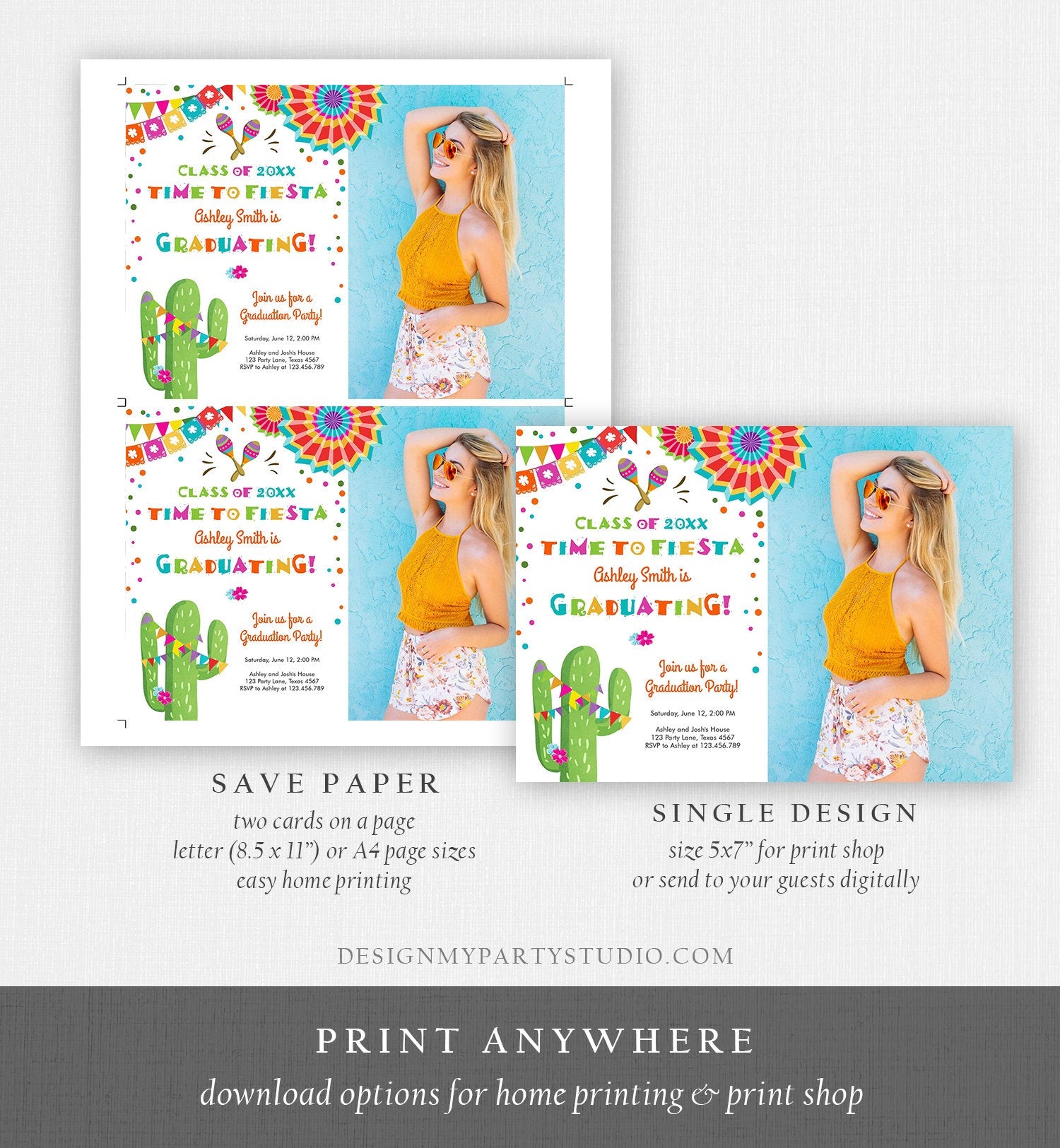 Editable Time to Fiesta Graduation Party Invitation Cactus Let's Fiesta Grad Mexican Graduate Graduating College School Corjl Template 0045