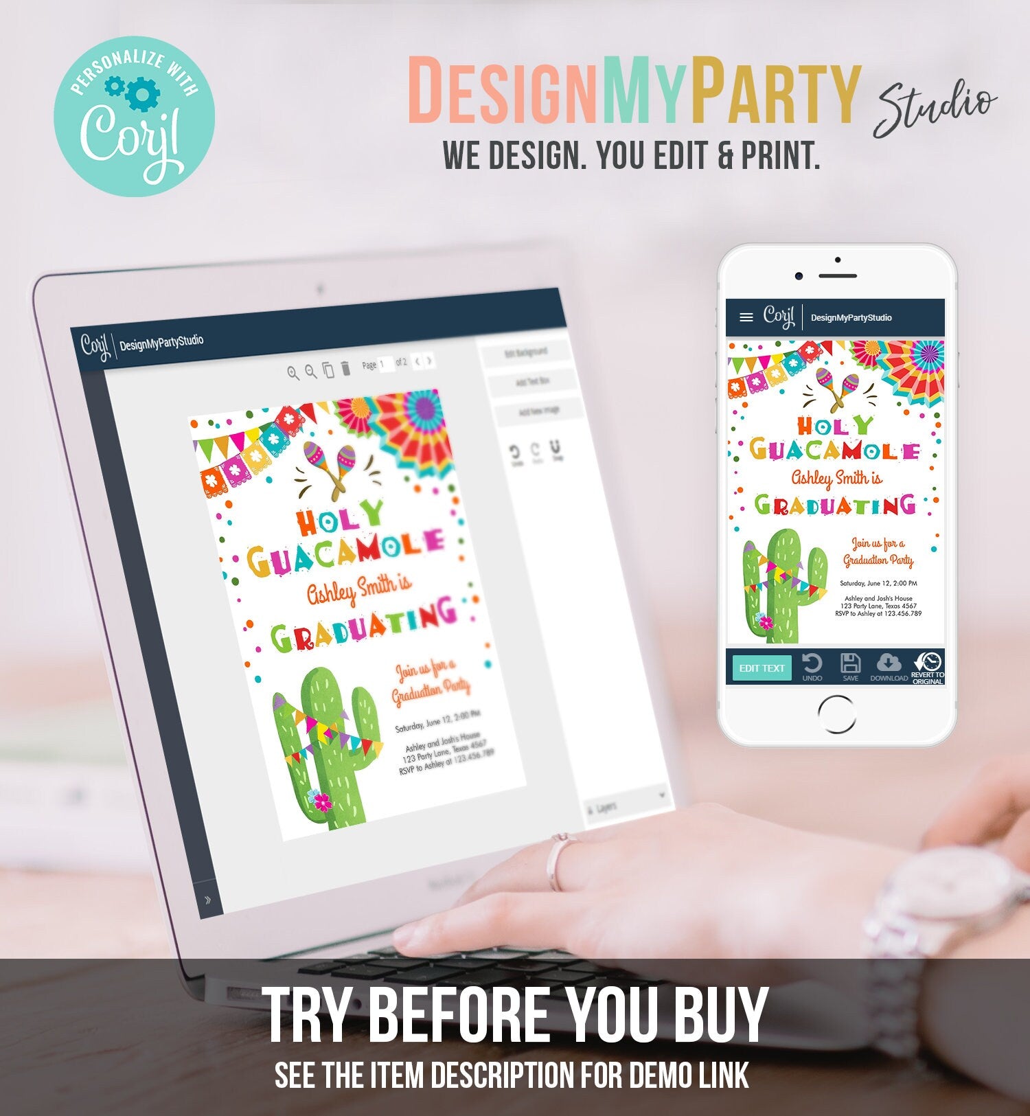 Editable Holy Guacamole Graduation Party Invitation Cactus Let's Fiesta Grad Mexican Graduate Graduating College School Corjl Template 0045