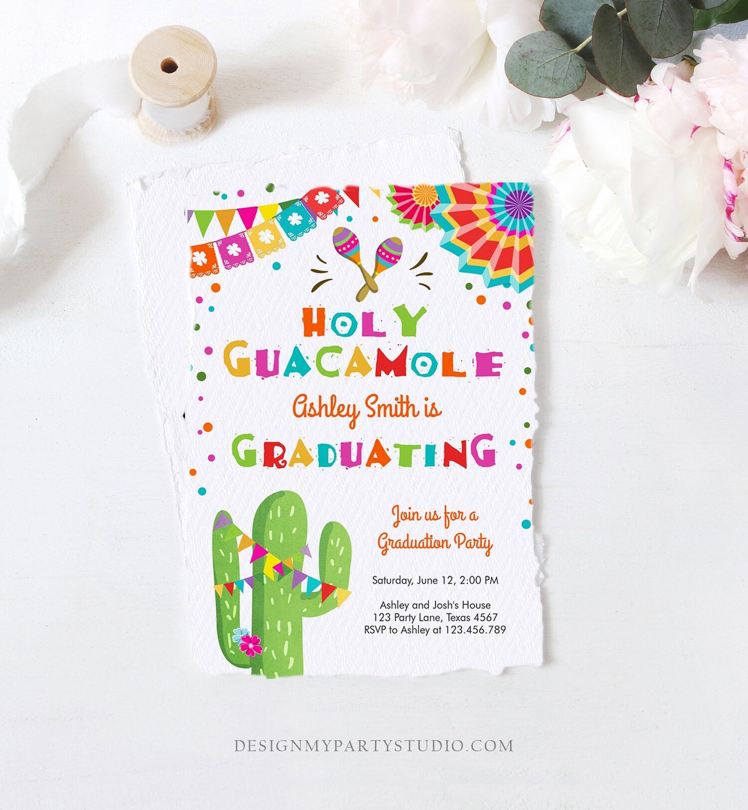 Editable Holy Guacamole Graduation Party Invitation Cactus Let's Fiesta Grad Mexican Graduate Graduating College School Corjl Template 0045