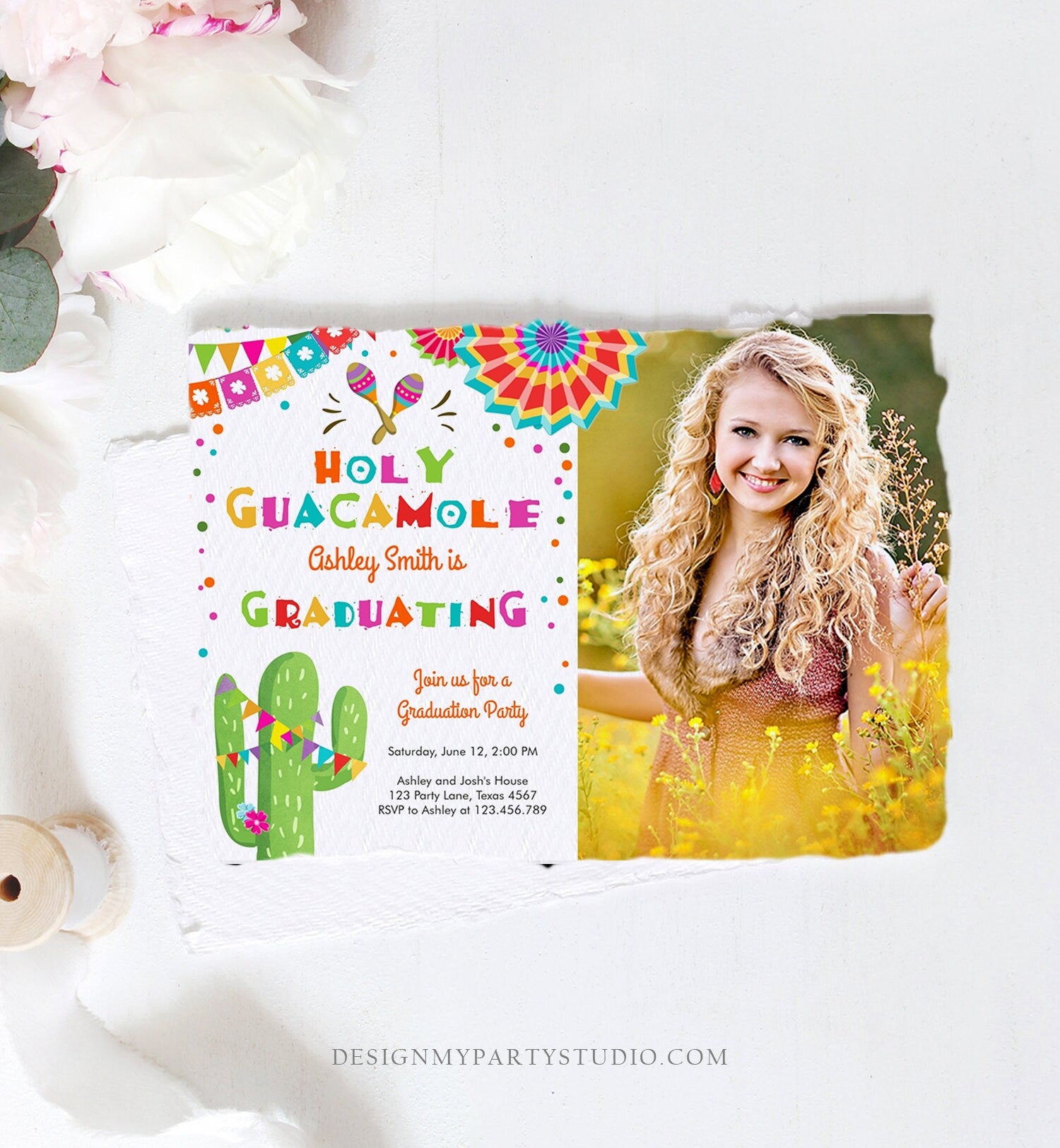 Editable Holy Guacamole Graduation Party Invitation Cactus Let's Fiesta Grad Mexican Graduate Graduating College School Corjl Template 0045