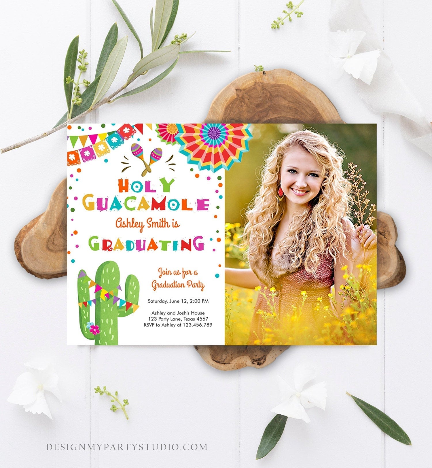 Editable Holy Guacamole Graduation Party Invitation Cactus Let's Fiesta Grad Mexican Graduate Graduating College School Corjl Template 0045