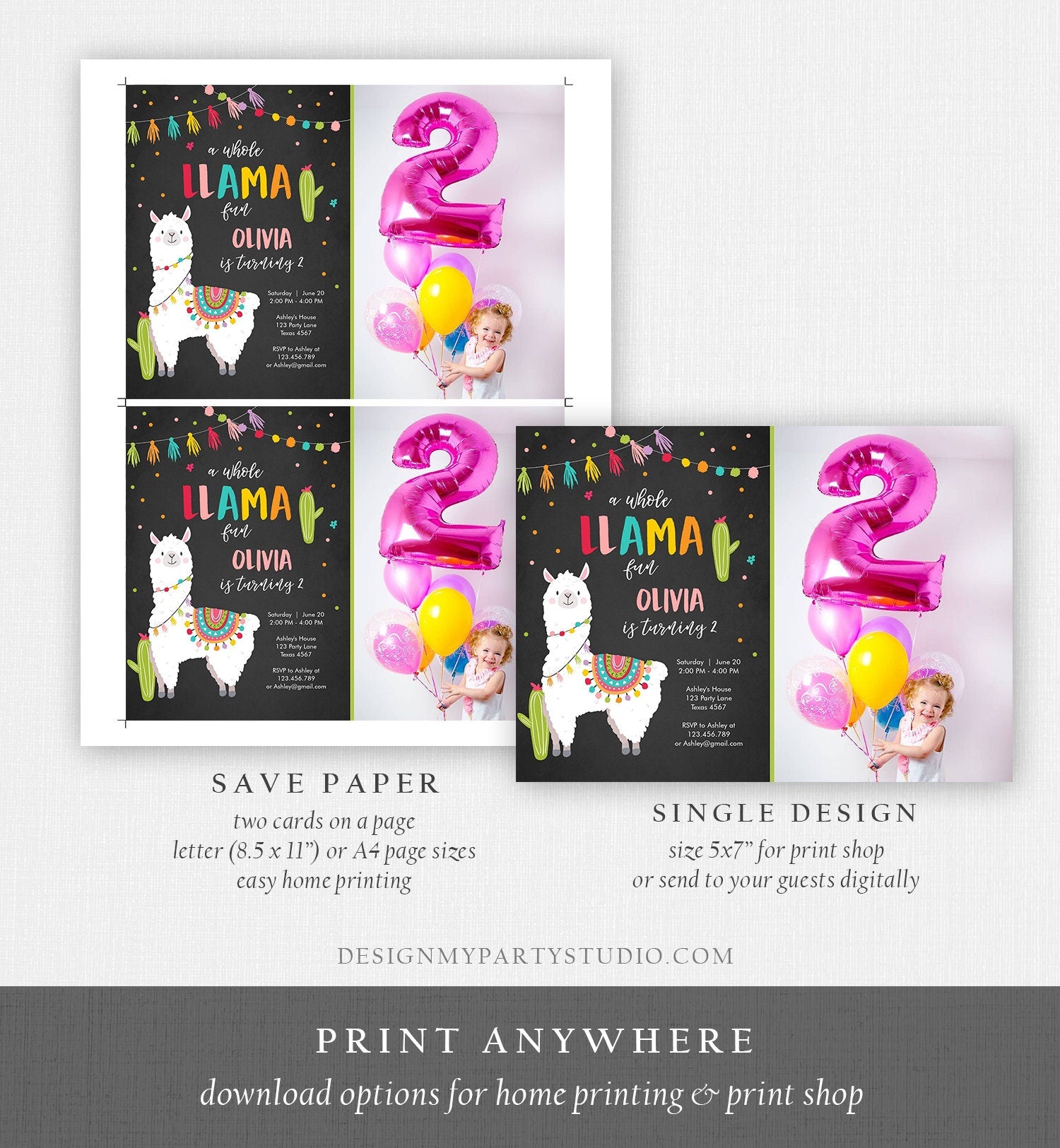 Editable Whole Llama Fun Birthday Invitation Fiesta Mexican Cactus Alpaca Girl Pink Chalk Instant Download Printable Corjl Template 0079