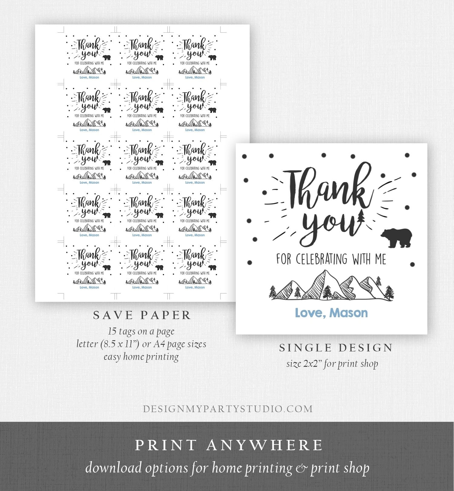 Editable Adventure Thank You Tags Boy Birthday Mountains Bear Woodland Wild One Stickers Favor Round Square Onederful Corjl Template 0083