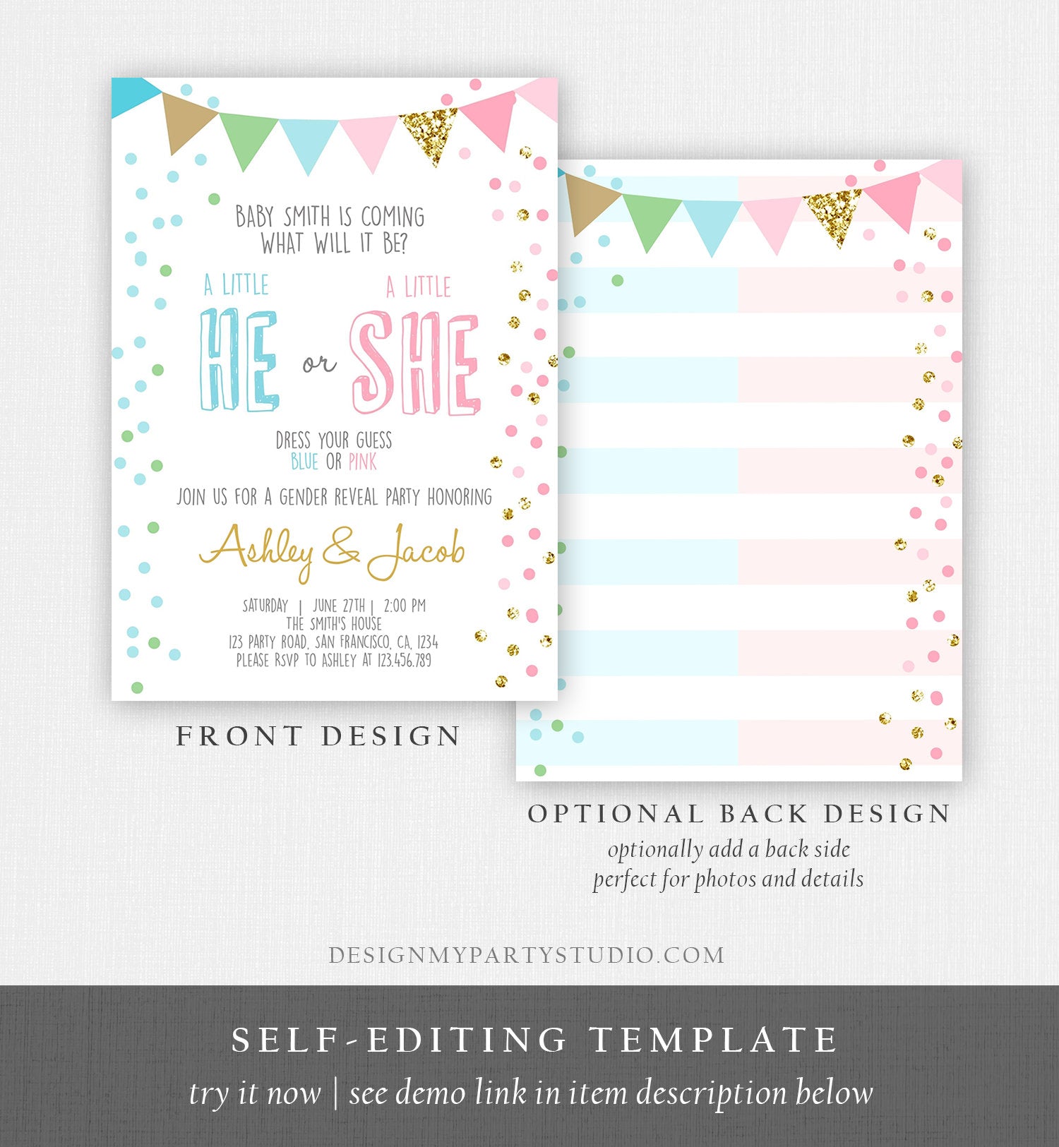 Editable Gender Reveal Invitation Confetti Blue or Pink Gold Boy or Girl He or She Rustic Instant Download Printable Template Corjl 0228