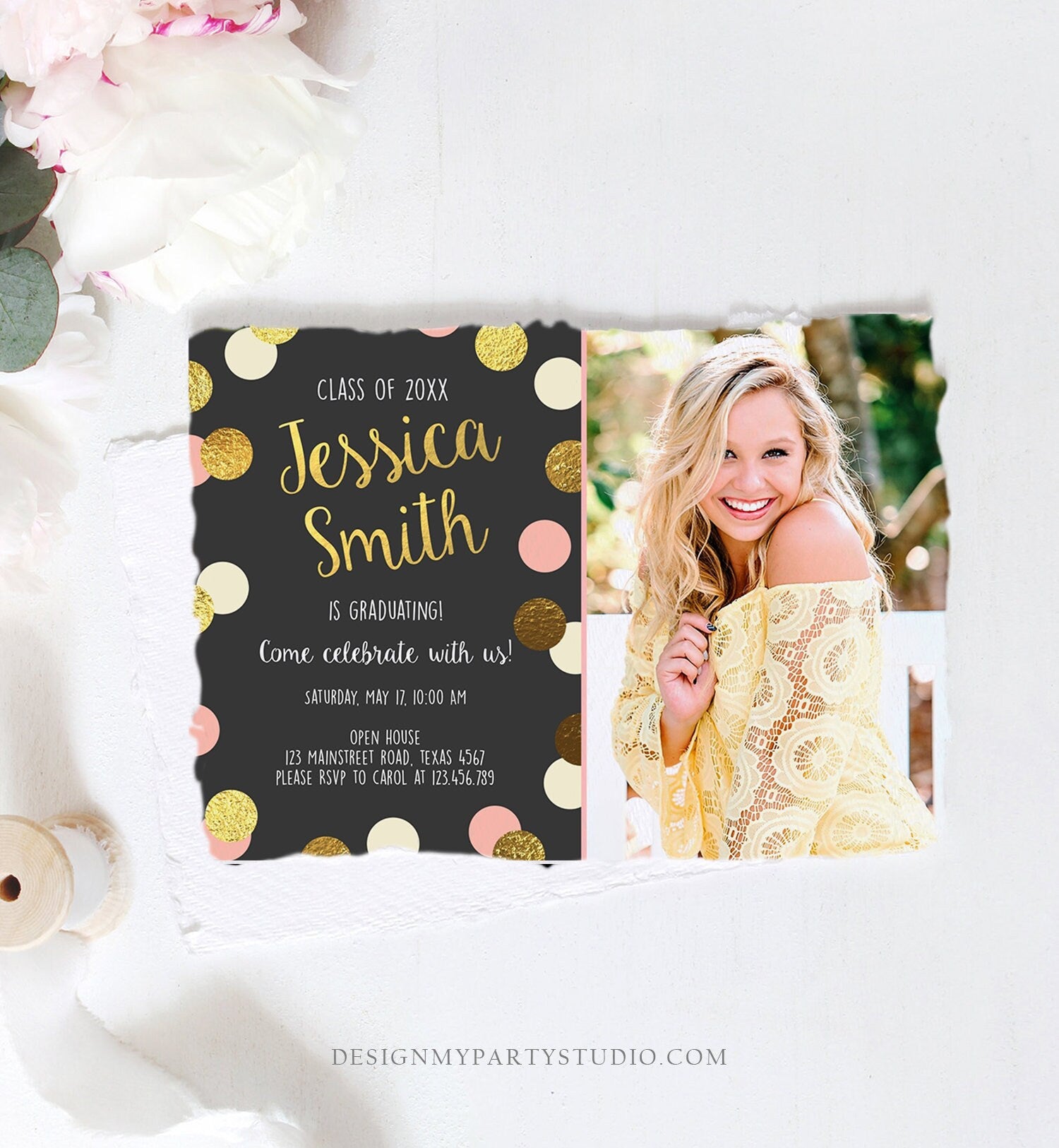 Editable Graduation Party Invitation Gold Pink Girl Polka Dots Glamorous College High School Grad Download Corjl Template Printable 0304