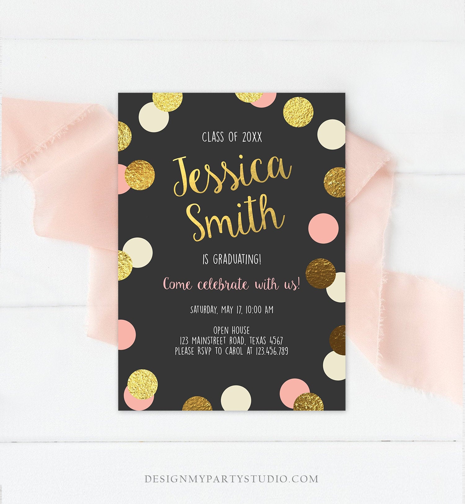 Editable Graduation Party Invitation Gold Pink Girl Polka Dots Glamorous College High School Grad Download Corjl Template Printable 0304