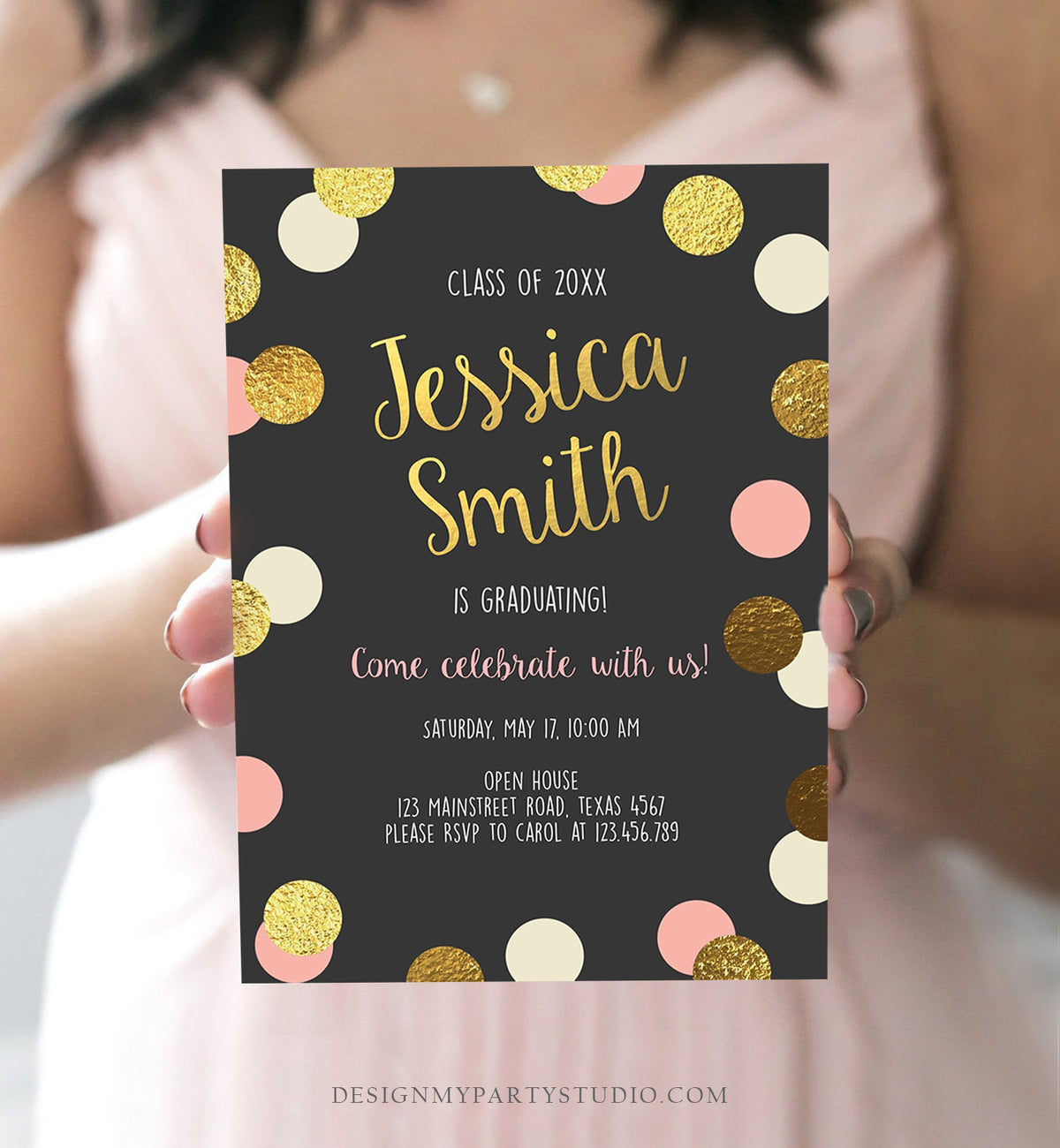 Editable Graduation Party Invitation Gold Pink Girl Polka Dots Glamorous College High School Grad Download Corjl Template Printable 0304