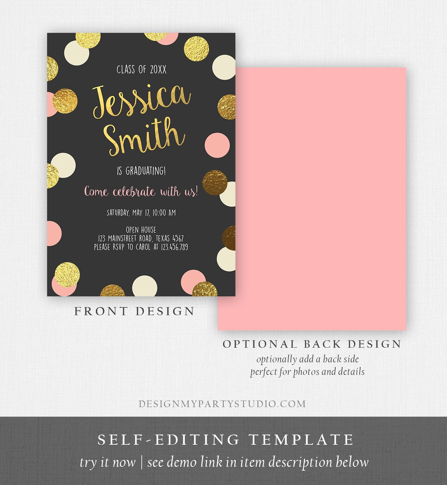 Editable Graduation Party Invitation Gold Pink Girl Polka Dots Glamorous College High School Grad Download Corjl Template Printable 0304