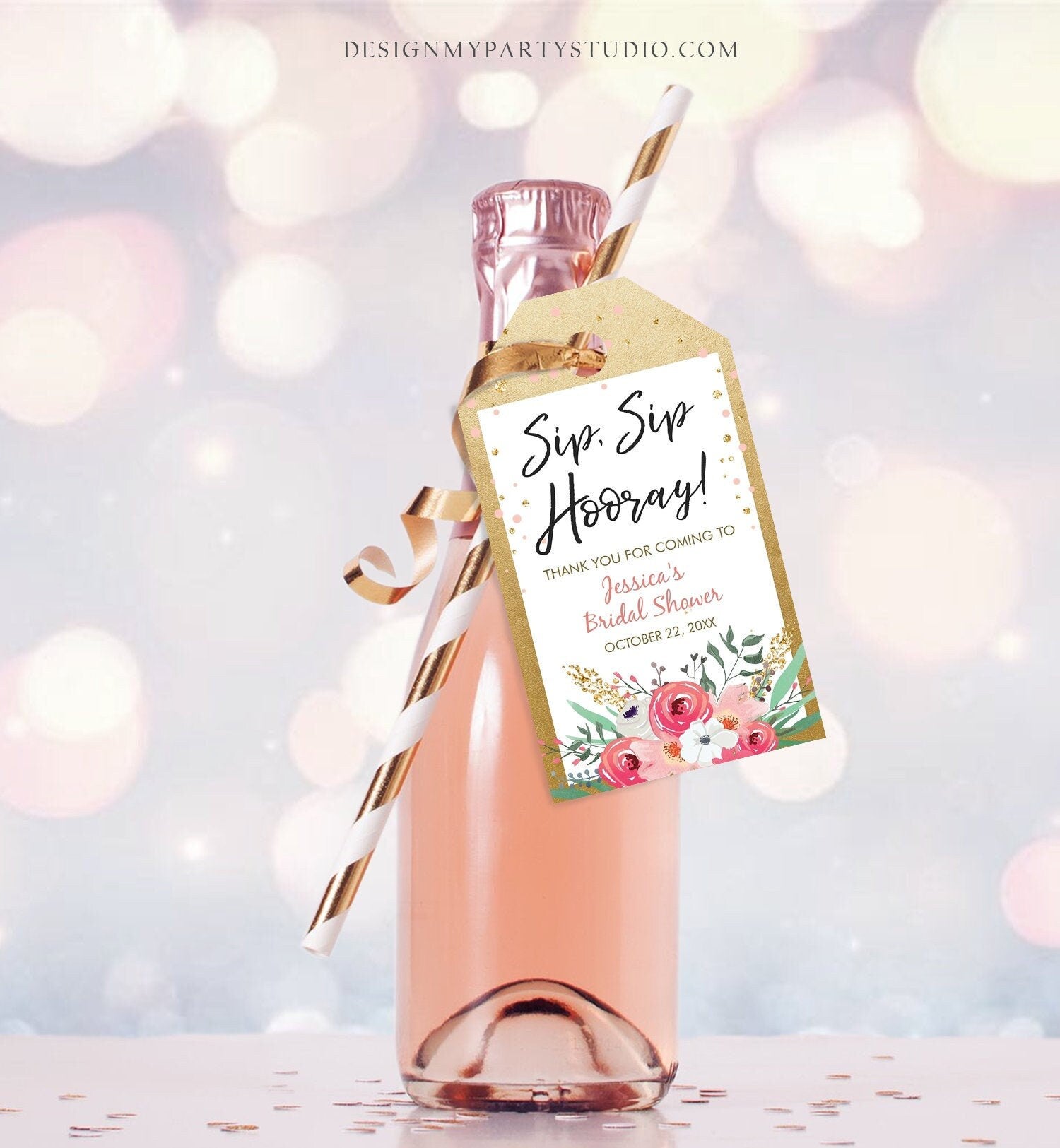 Editable Sip Sip Hooray Bridal Shower Thank You Tags Mini Wine Champagne Bottle Favor Wedding Pink Floral Gold Confetti Corjl Template 0059