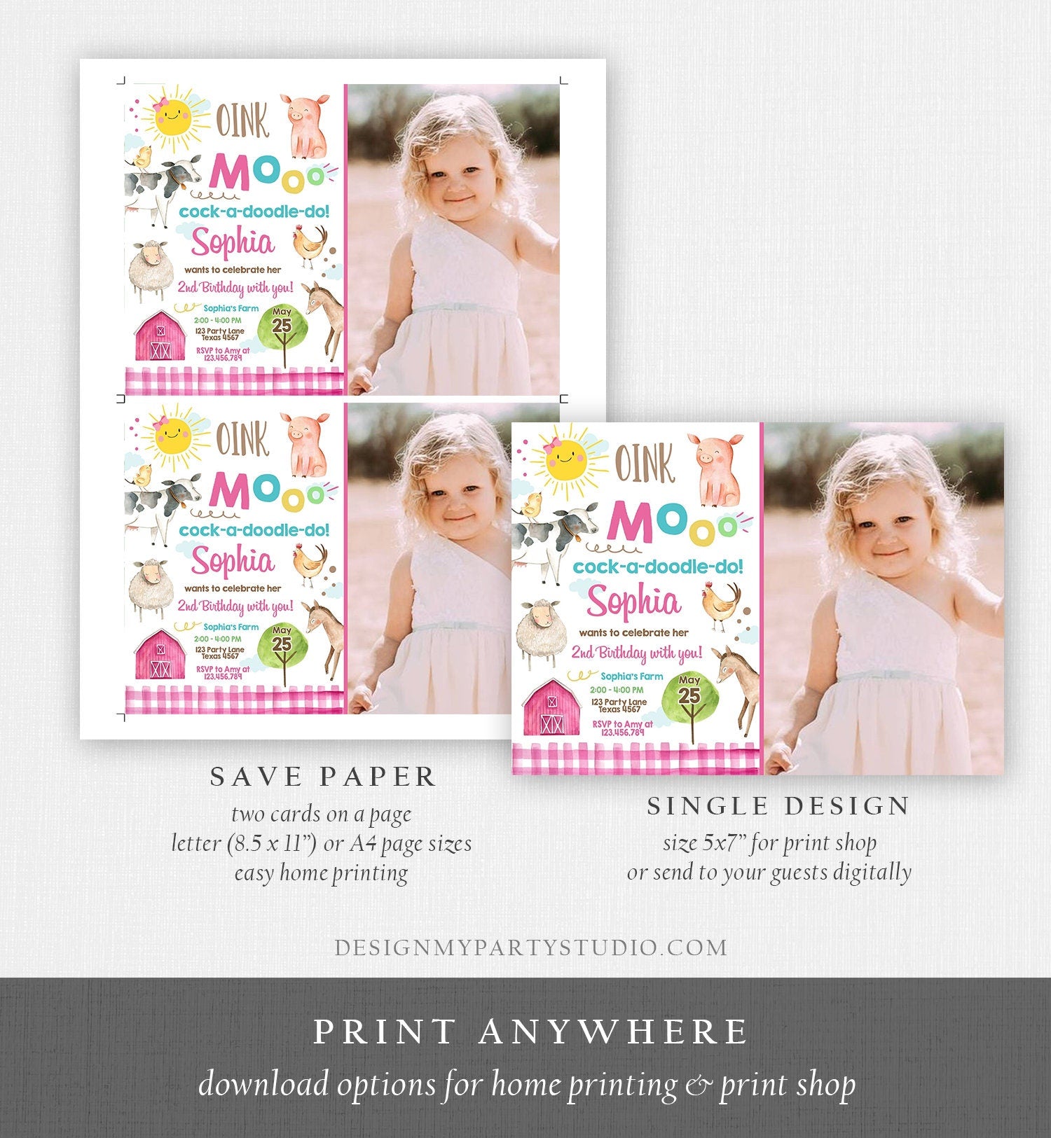 Editable Farm Birthday Invitation Girl Farm Animals Pink Barnyard Party Invite Download Printable Invitation Template Digital Corjl 0160