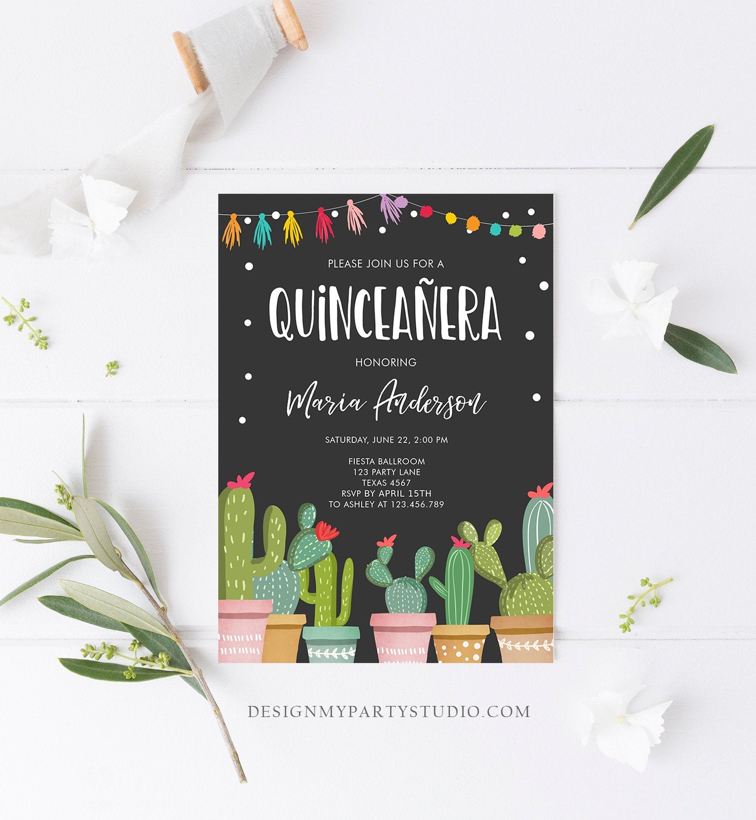 Editable Quinceañera Birthday Invitation Cactus Mexican Fiesta 15th Birthday Miss Quince Anos Girl Quinceanera Download Corjl Template 0254