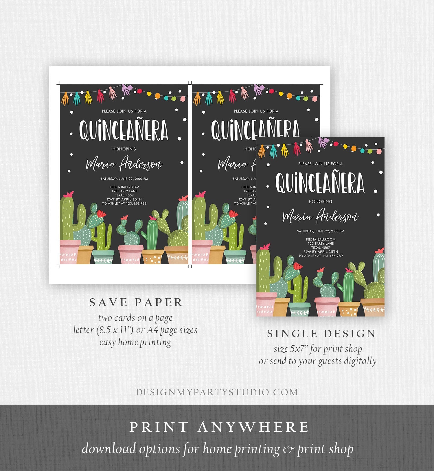 Editable Quinceañera Birthday Invitation Cactus Mexican Fiesta 15th Birthday Miss Quince Anos Girl Quinceanera Download Corjl Template 0254