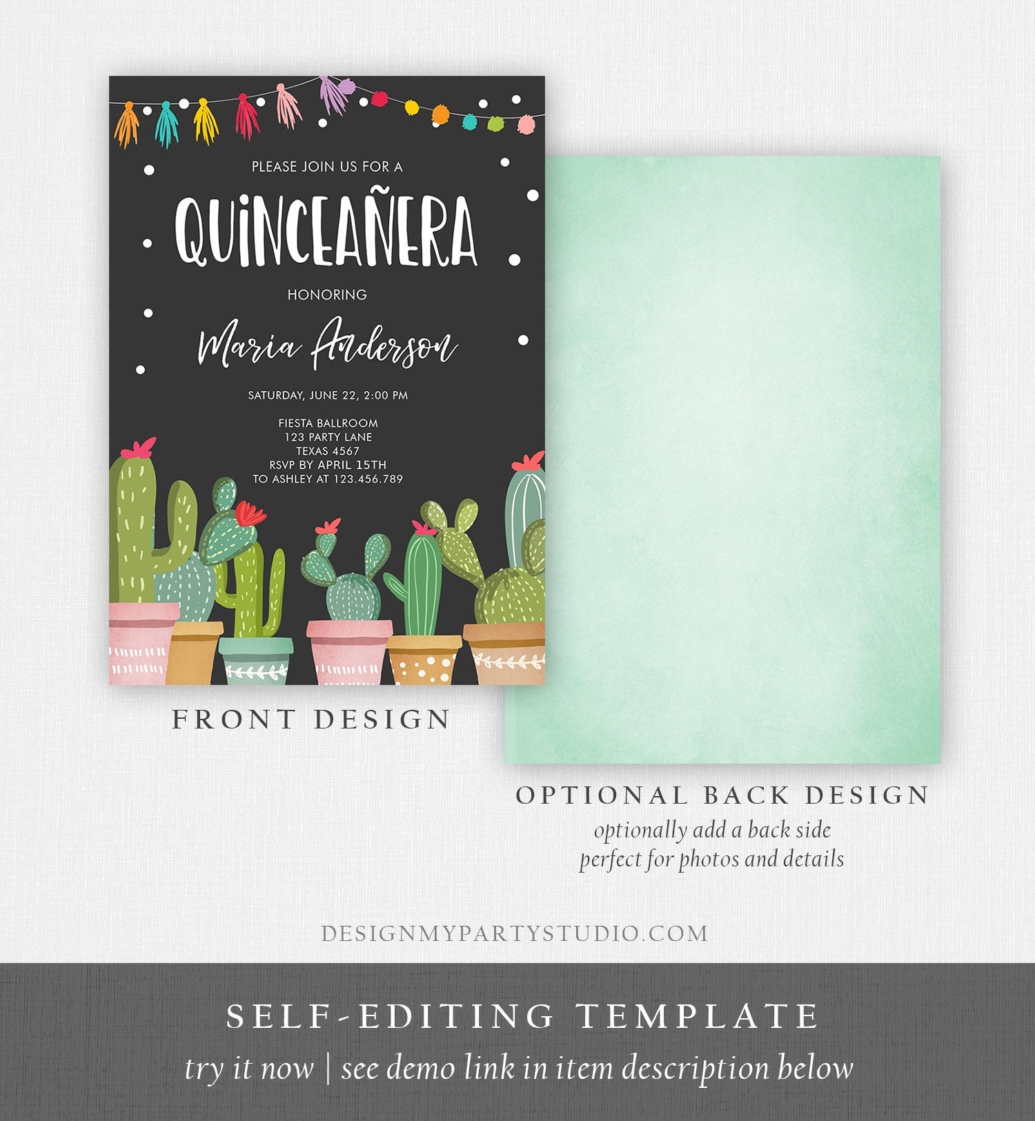 Editable Quinceañera Birthday Invitation Cactus Mexican Fiesta 15th Birthday Miss Quince Anos Girl Quinceanera Download Corjl Template 0254