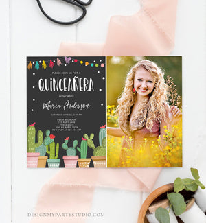 Editable Quinceañera Birthday Invitation Cactus Mexican Fiesta 15th Birthday Miss Quince Anos Girl Quinceanera Download Corjl Template 0254