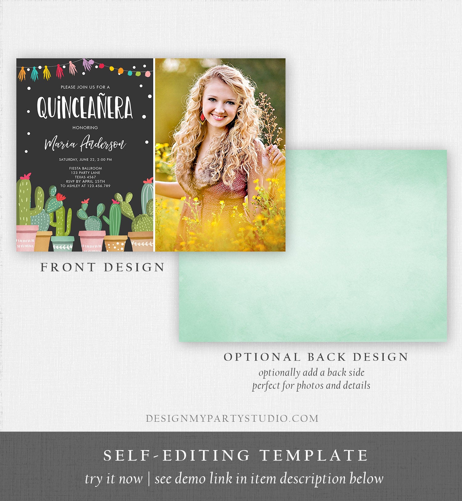 Editable Quinceañera Birthday Invitation Cactus Mexican Fiesta 15th Birthday Miss Quince Anos Girl Quinceanera Download Corjl Template 0254