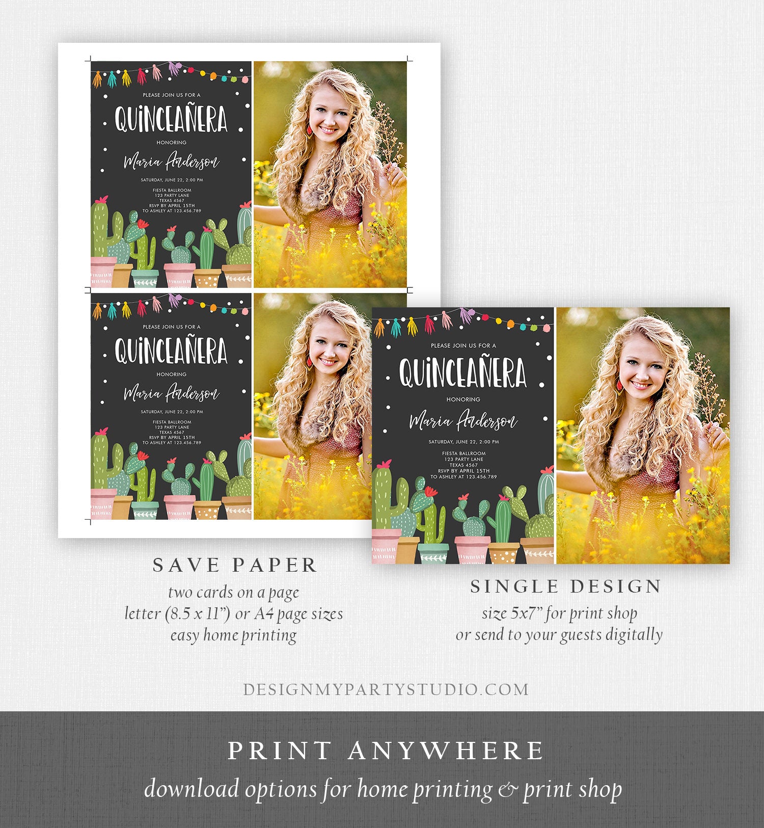 Editable Quinceañera Birthday Invitation Cactus Mexican Fiesta 15th Birthday Miss Quince Anos Girl Quinceanera Download Corjl Template 0254