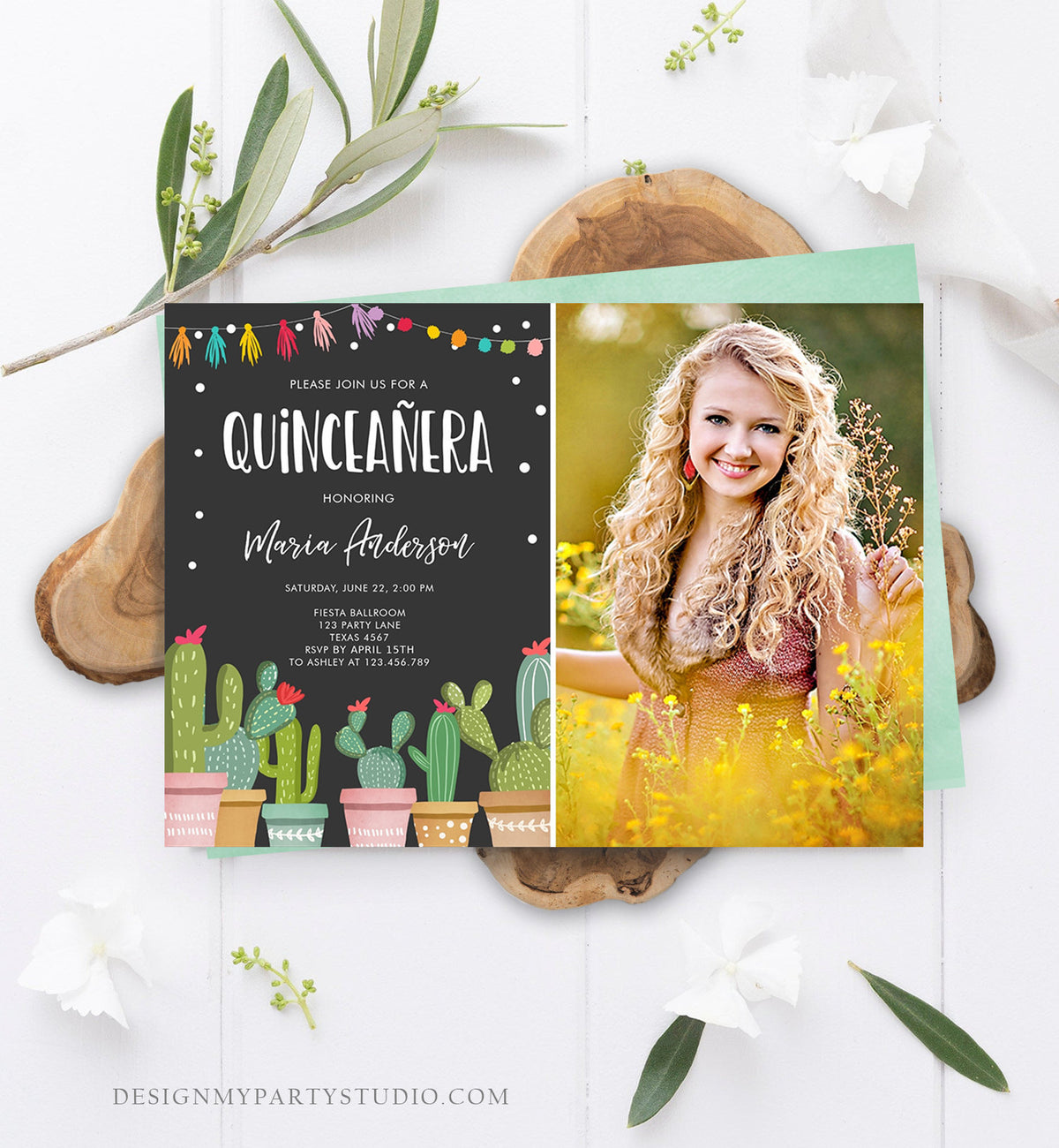 Editable Quinceañera Birthday Invitation Cactus Mexican Fiesta 15th Birthday Miss Quince Anos Girl Quinceanera Download Corjl Template 0254