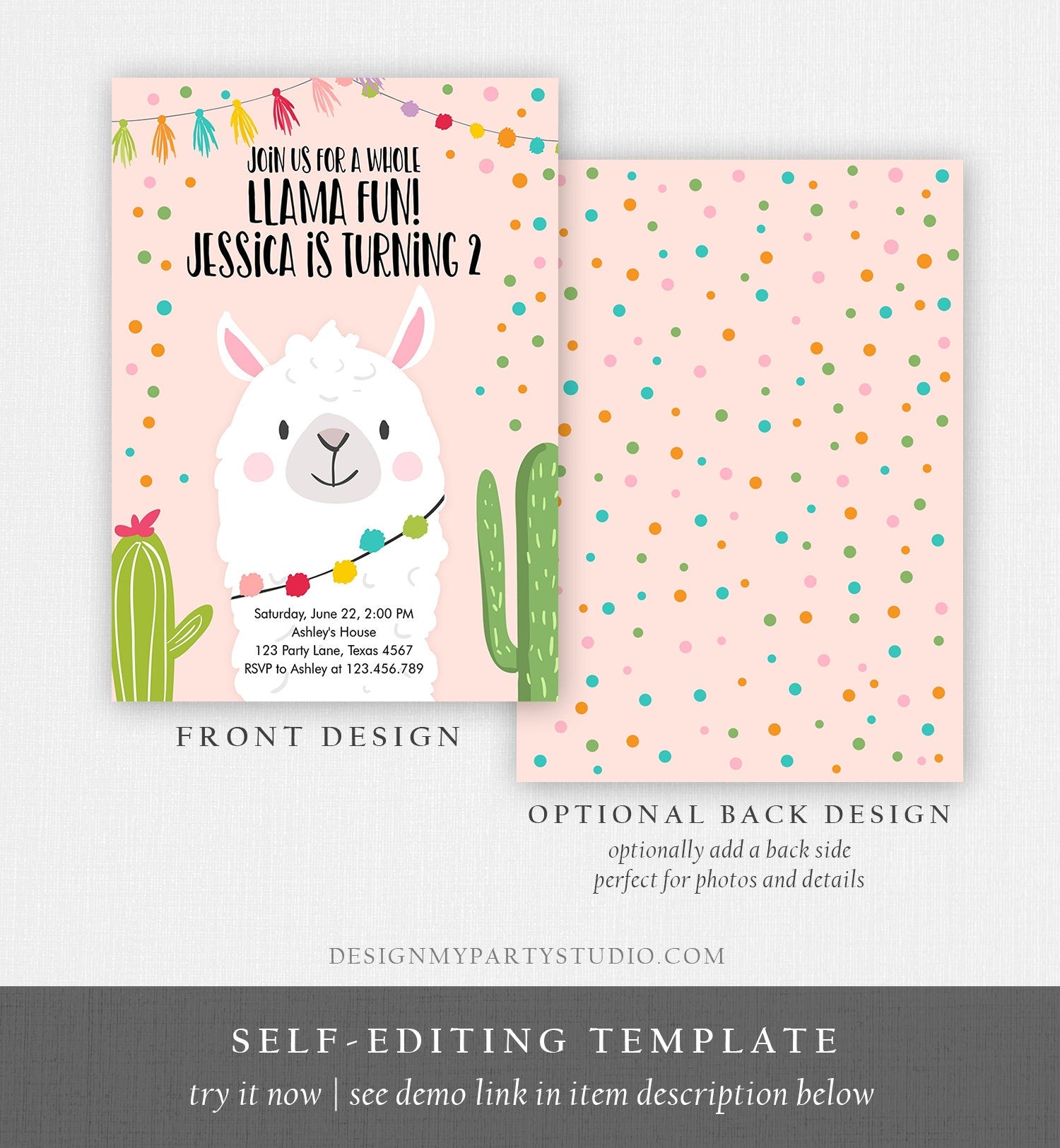 Editable Whole Llama Fun Birthday invitation Fiesta Llama Cactus Mexican Party Pink Confetti Girl Boy Alpaca Corjl Template Printable 0079