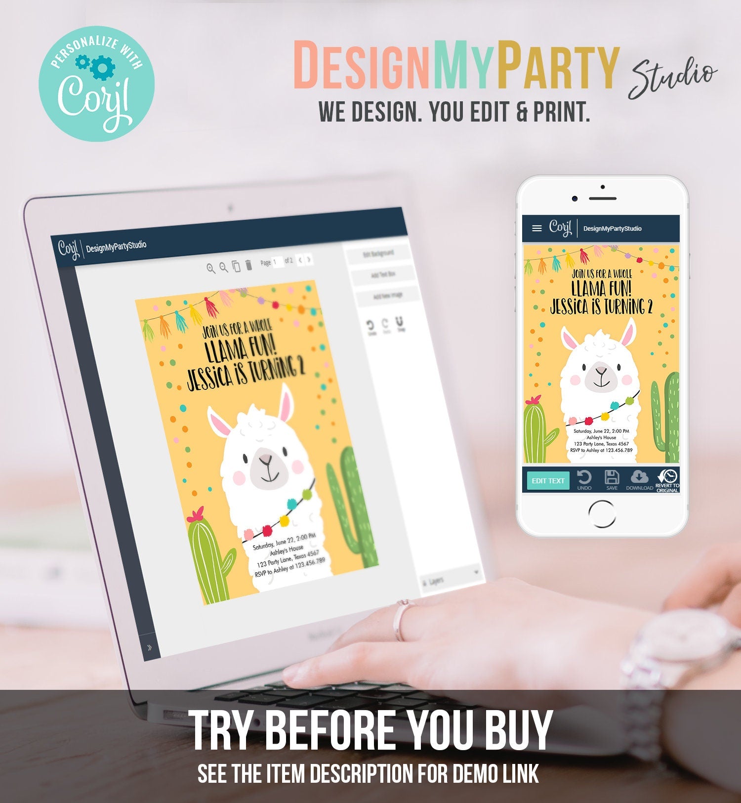 Editable Whole Llama Fun Birthday Invitation Fiesta Llama Cactus Mexican Party Yellow Confetti Girl Boy Alpaca Corjl Template Printable 0079