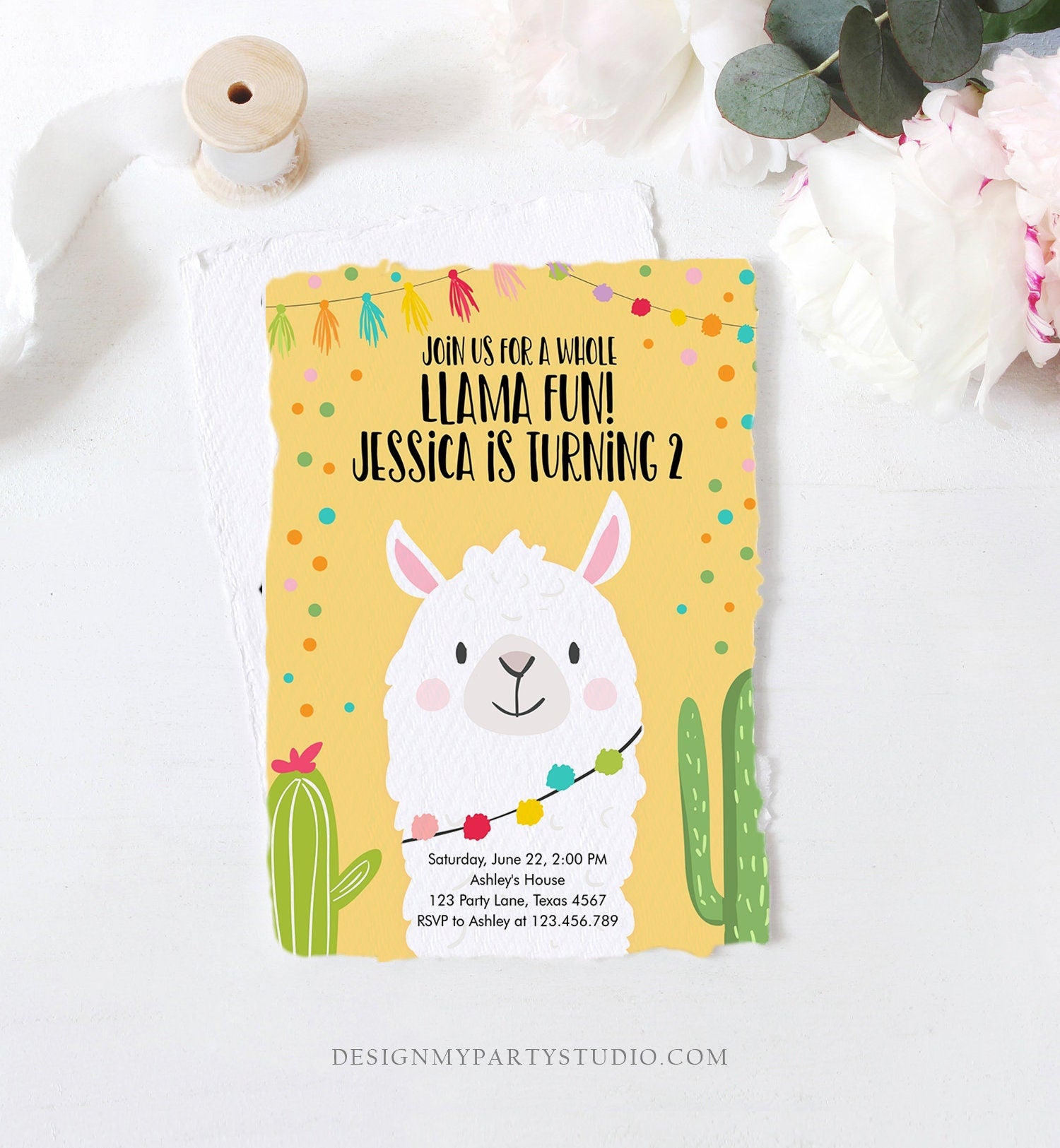 Editable Whole Llama Fun Birthday Invitation Fiesta Llama Cactus Mexican Party Yellow Confetti Girl Boy Alpaca Corjl Template Printable 0079