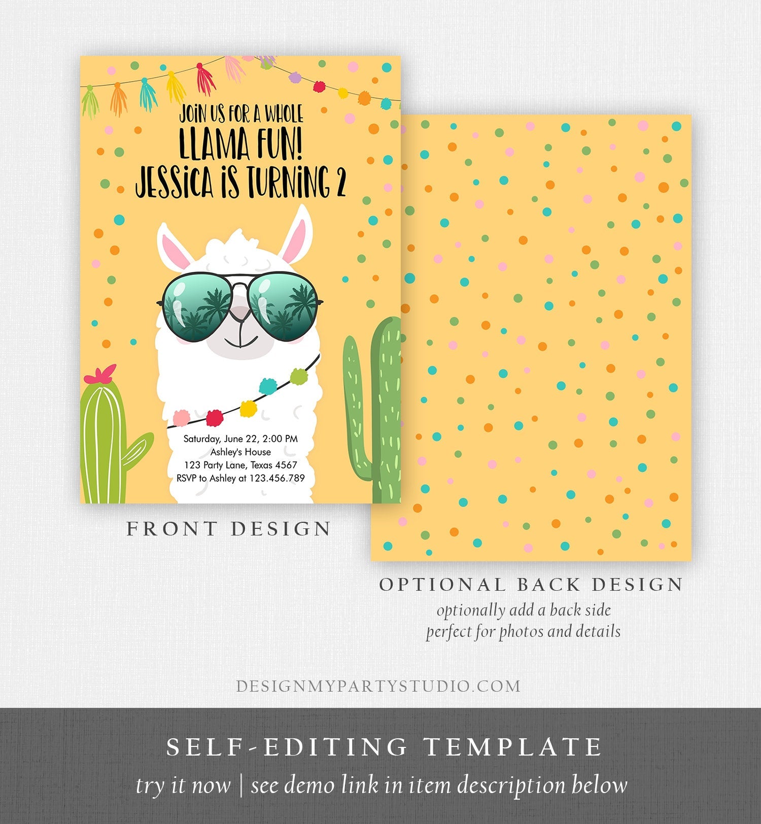 Editable Whole Llama Fun Birthday Invitation Fiesta Llama Cactus Mexican Party Yellow Confetti Girl Boy Alpaca Corjl Template Printable 0079