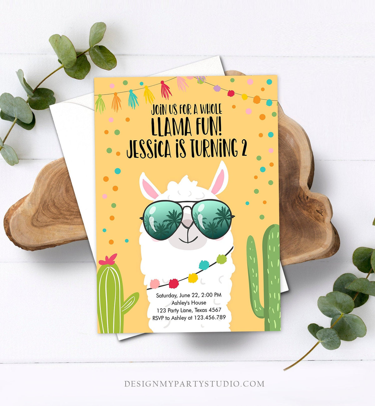 Editable Whole Llama Fun Birthday Invitation Fiesta Llama Cactus Mexican Party Yellow Confetti Girl Boy Alpaca Corjl Template Printable 0079