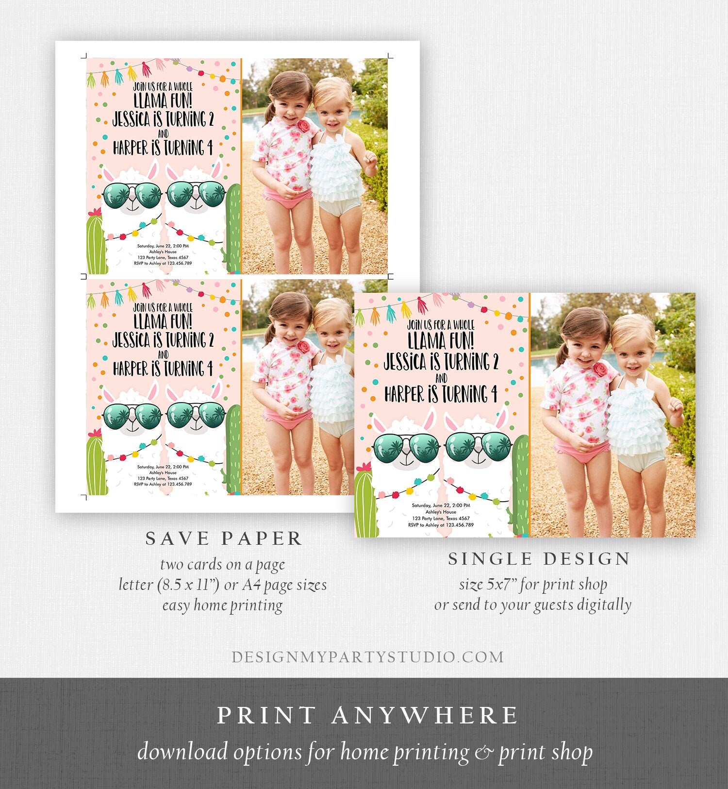 Editable Whole Llama Fun Birthday Invitation Joined Coed Twin Twins Llamas Fiesta Cactus Confetti Girl Pink Photo Alpaca Template Corjl 0079