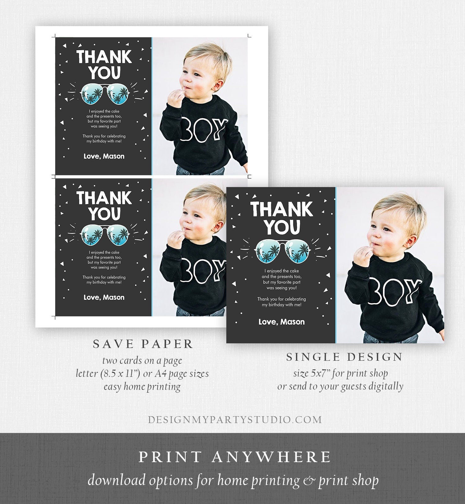 Editable Thank You Card Two Cool Birthday Boy Sunglasses Palm Second Birthday Party Note 2nd Chalk Photo Corjl Template Printable 0136