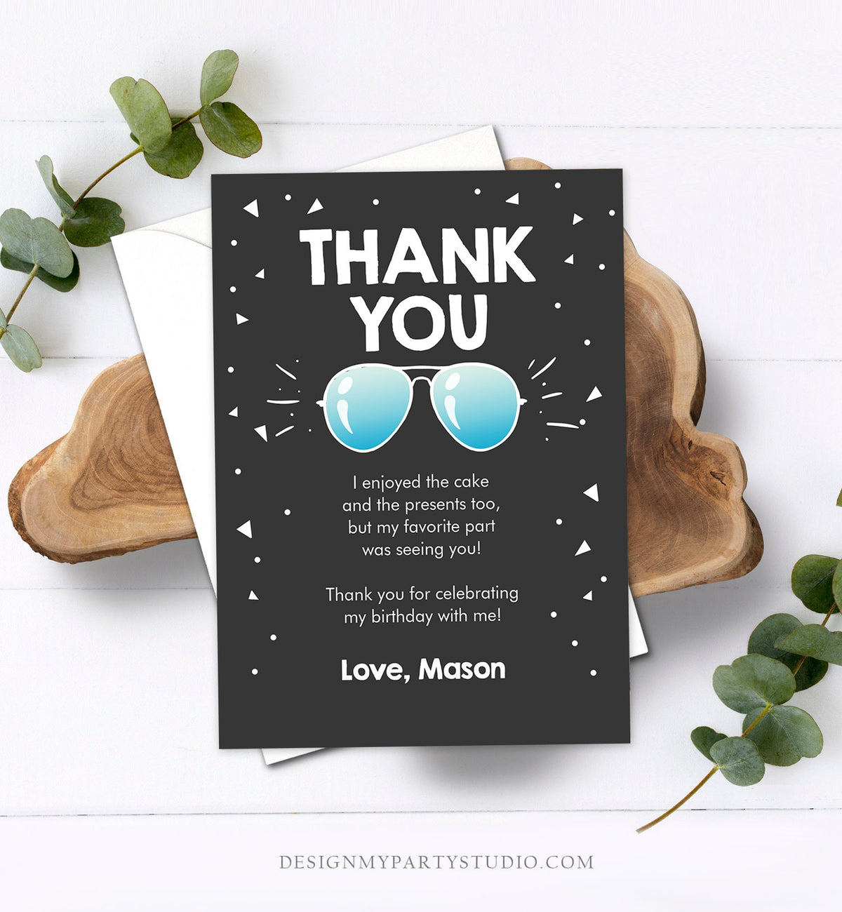 Editable Thank You Card Two Cool Birthday Boy Pilot Sunglasses Second Birthday Party Note 2nd Chalk Photo Corjl Template Printable 0136