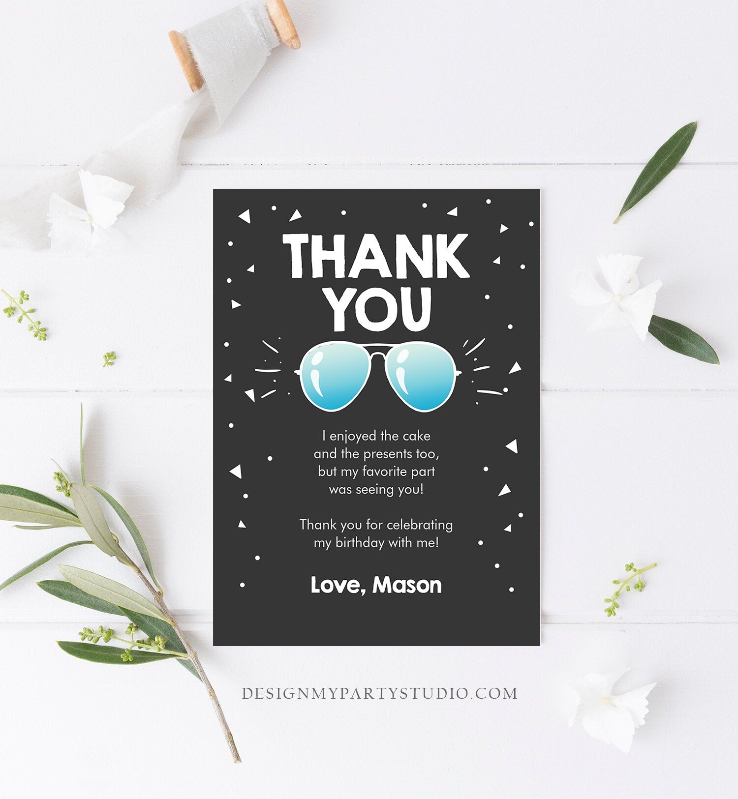 Editable Thank You Card Two Cool Birthday Boy Pilot Sunglasses Second Birthday Party Note 2nd Chalk Photo Corjl Template Printable 0136