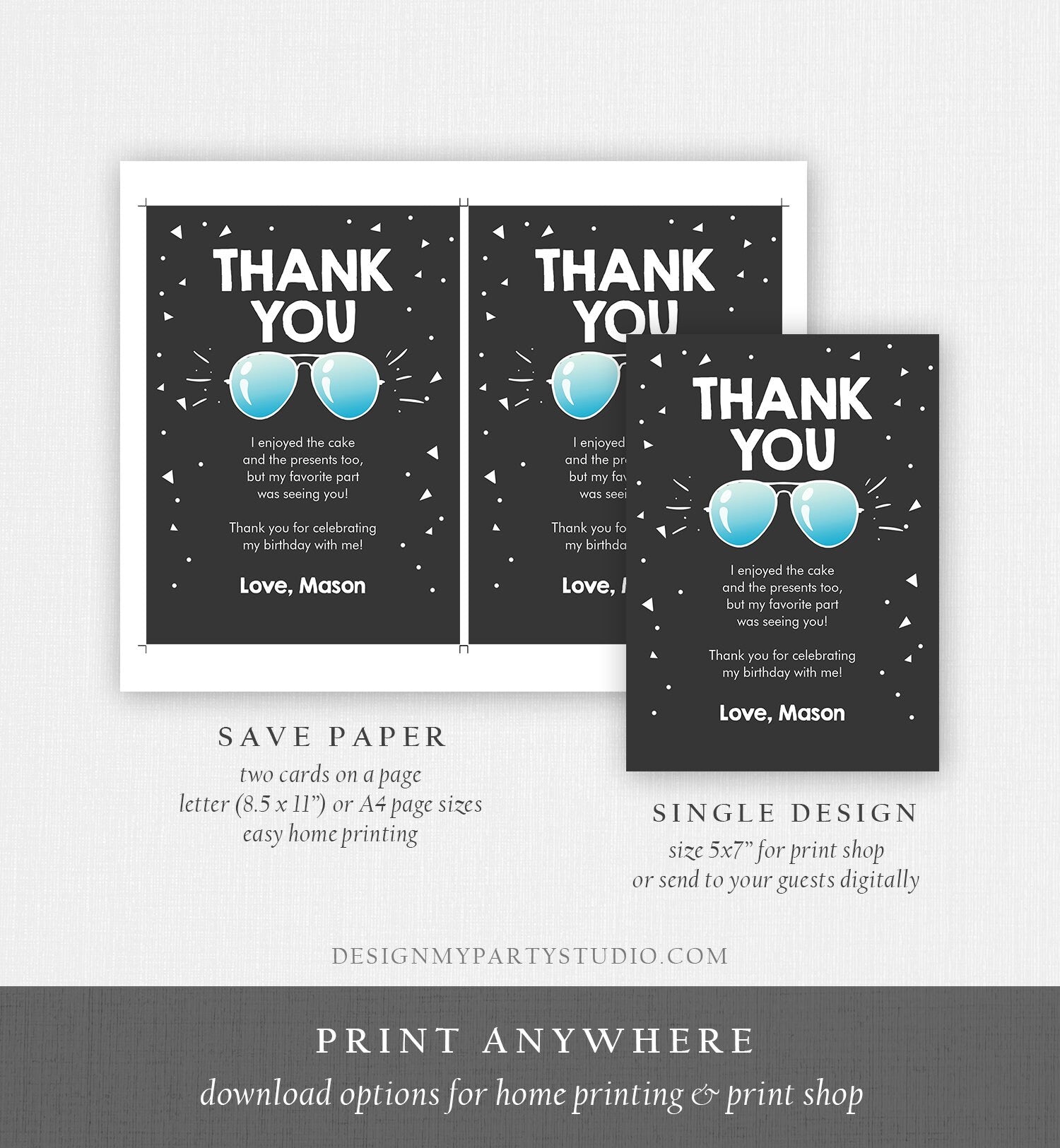 Editable Thank You Card Two Cool Birthday Boy Pilot Sunglasses Second Birthday Party Note 2nd Chalk Photo Corjl Template Printable 0136