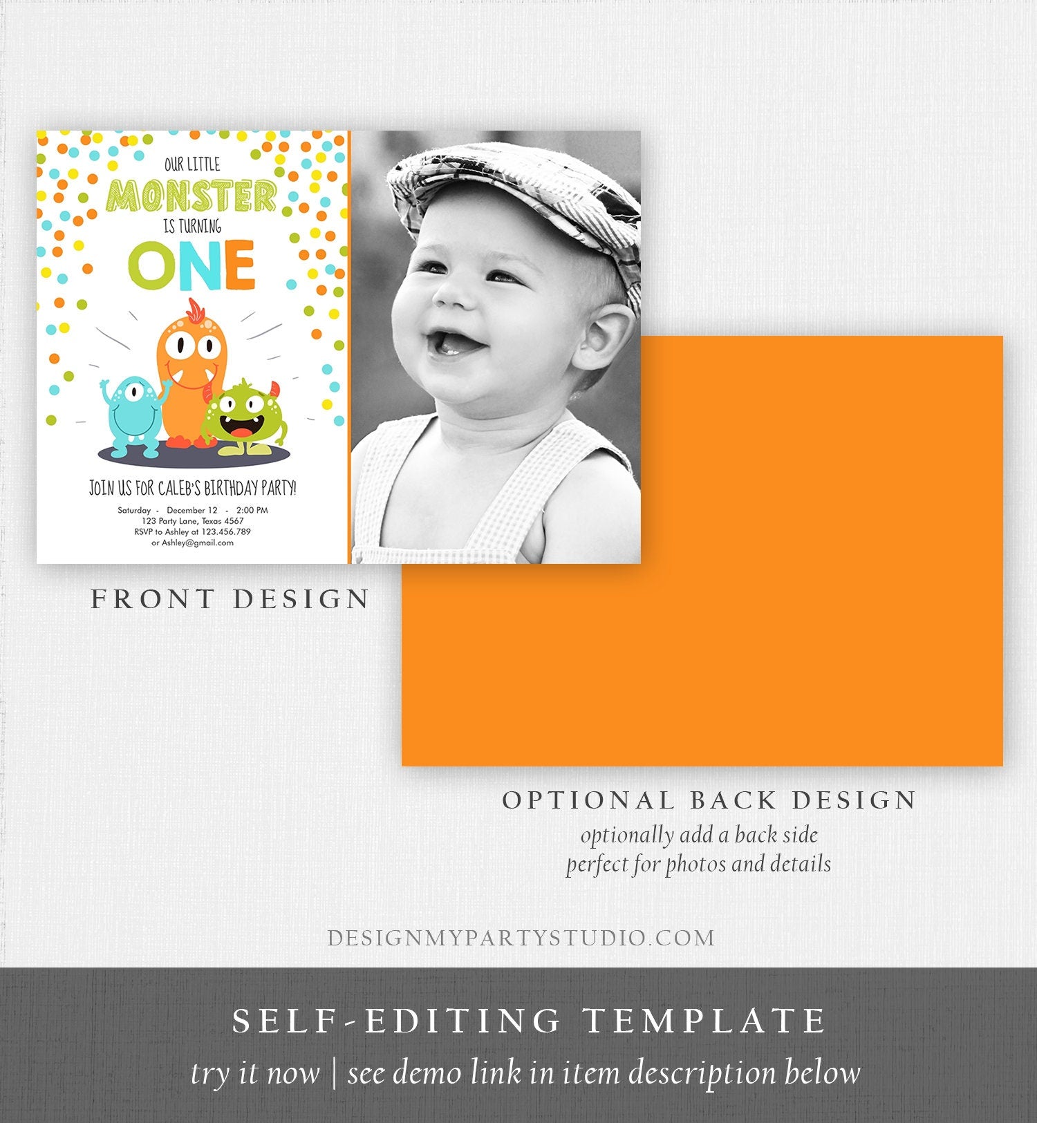 Editable Little Monster Birthday Invitation First Birthday Party Monsters Boy Confetti 1st Orange Blue Photo Printable Corjl Template 0058