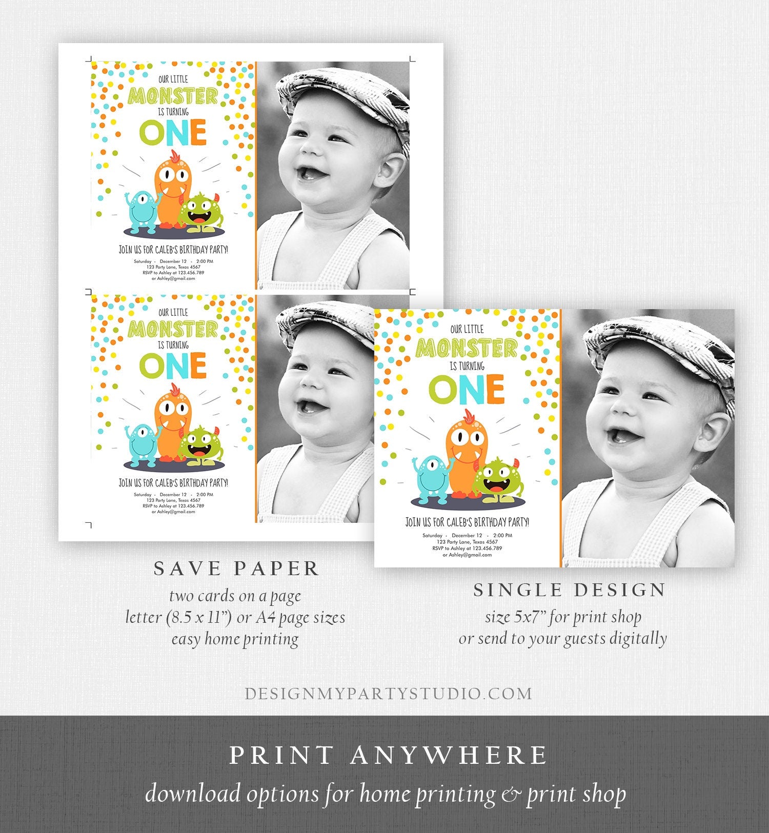 Editable Little Monster Birthday Invitation First Birthday Party Monsters Boy Confetti 1st Orange Blue Photo Printable Corjl Template 0058