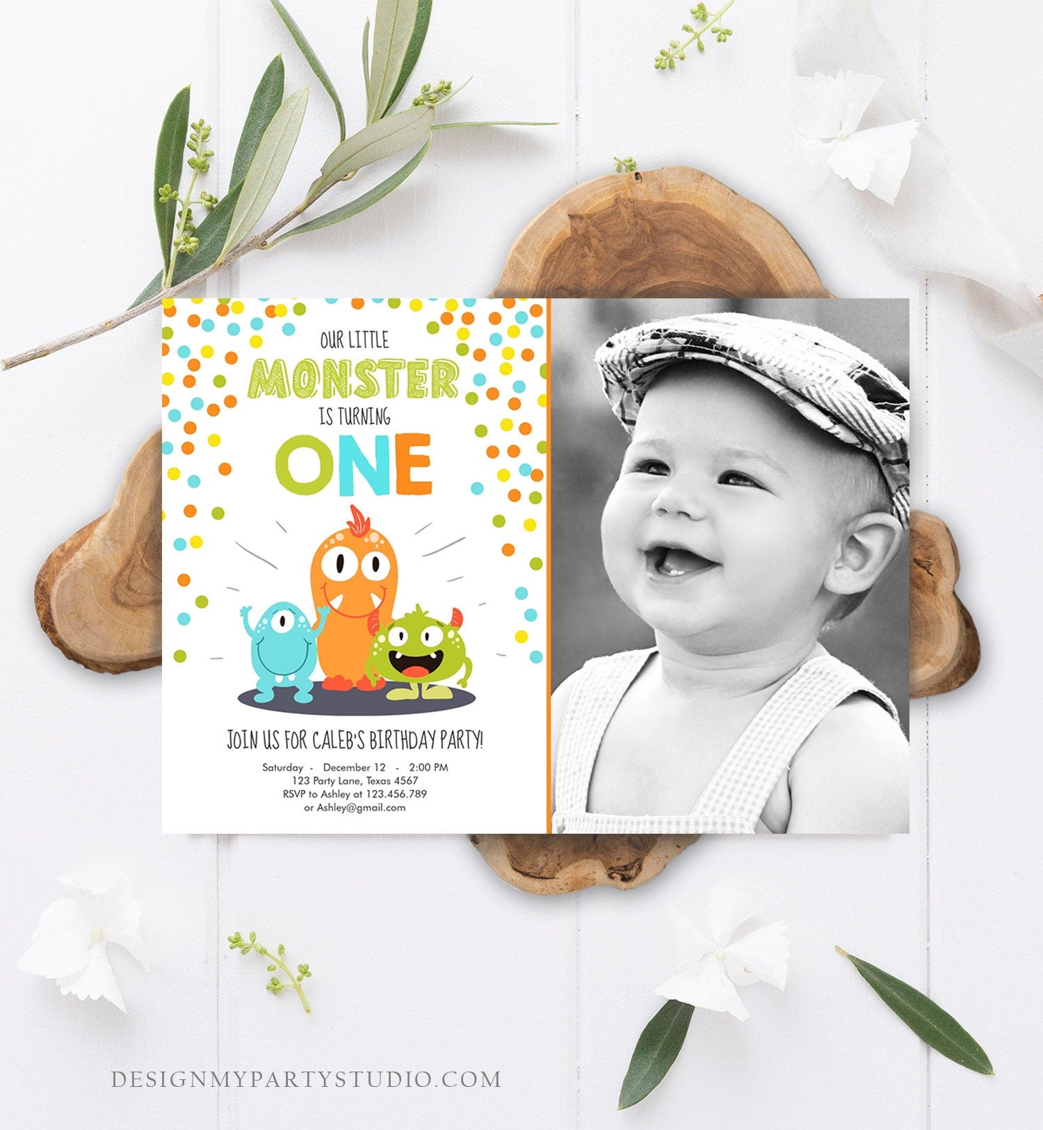 Editable Little Monster Birthday Invitation First Birthday Party Monsters Boy Confetti 1st Orange Blue Photo Printable Corjl Template 0058