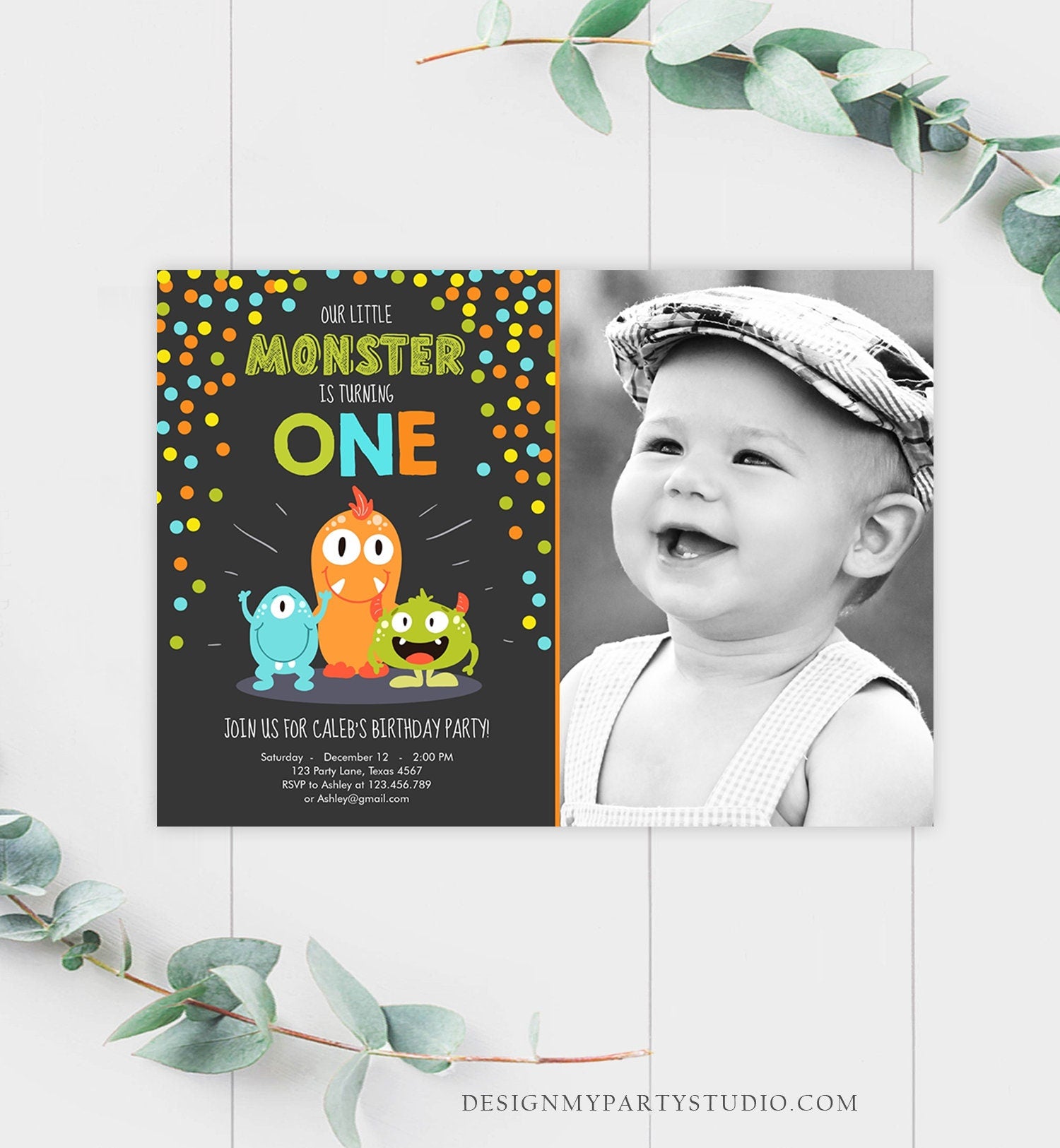 Editable Little Monster Birthday Invitation First Birthday Party Monsters Boy Confetti 1st Orange Blue Photo Printable Corjl Template 0058