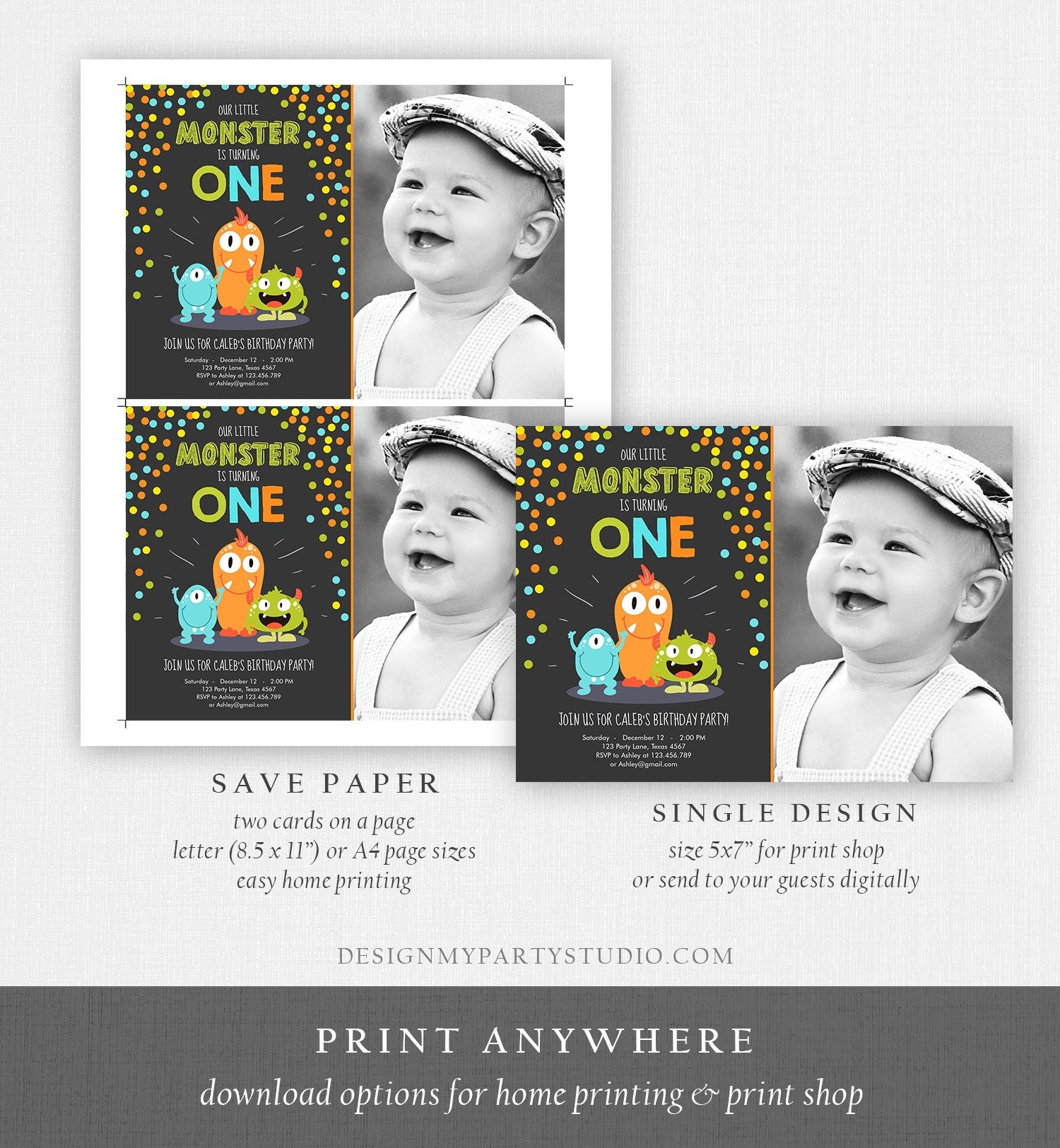 Editable Little Monster Birthday Invitation First Birthday Party Monsters Boy Confetti 1st Orange Blue Photo Printable Corjl Template 0058