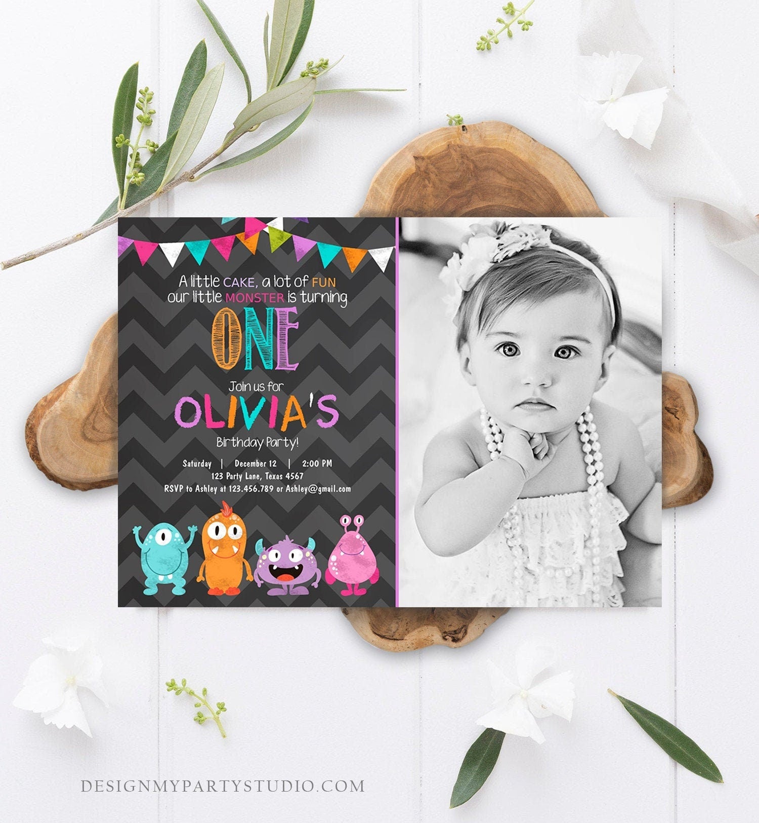 Editable Little Monster Birthday Invitation First Birthday Party Monsters Confetti 1st Girl Pink Purple Teal Printable Corjl Template 0058