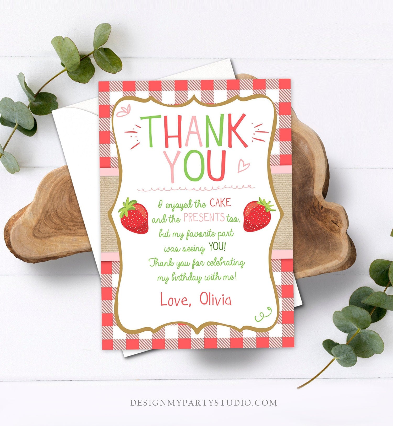 Editable Strawberry Thank You Card Birthday Strawberry First Birthday Girl Summer Fruit Berry Sweet Download Printable Template Corjl 0091