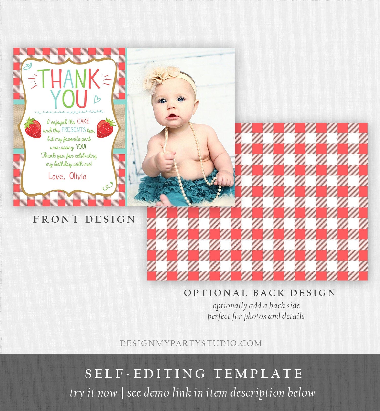 Editable Strawberry Thank You Card Birthday Strawberry First Birthday Girl Farmers Market Berry Sweet Download Printable Template Corjl 0091