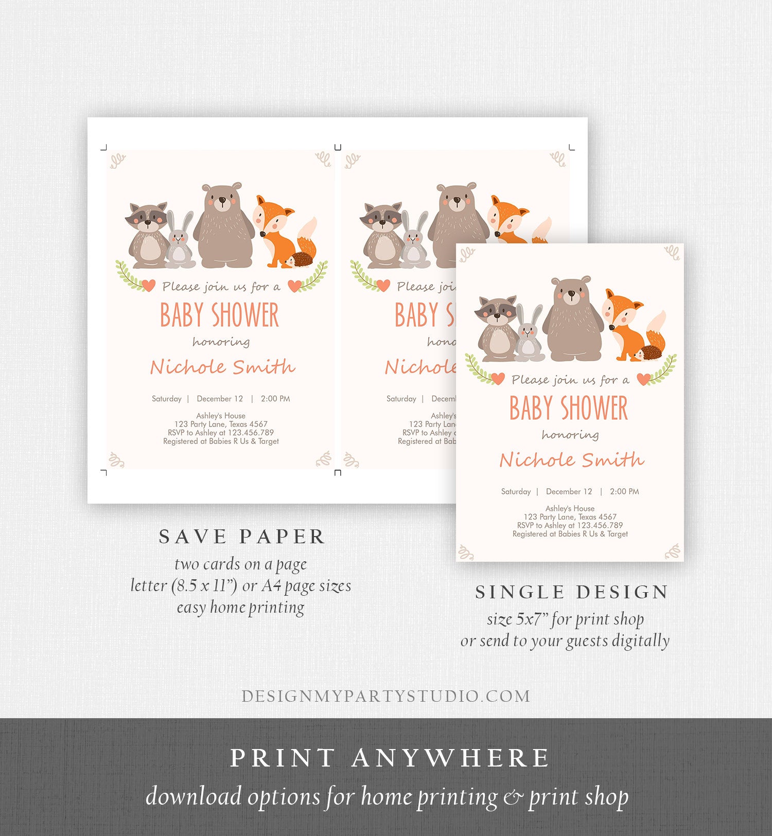 Editable Baby shower invitation Woodland Forest Animals Cute Animals Gender Neutral Bear Fox Invitation Template Download Digital Corjl 0010