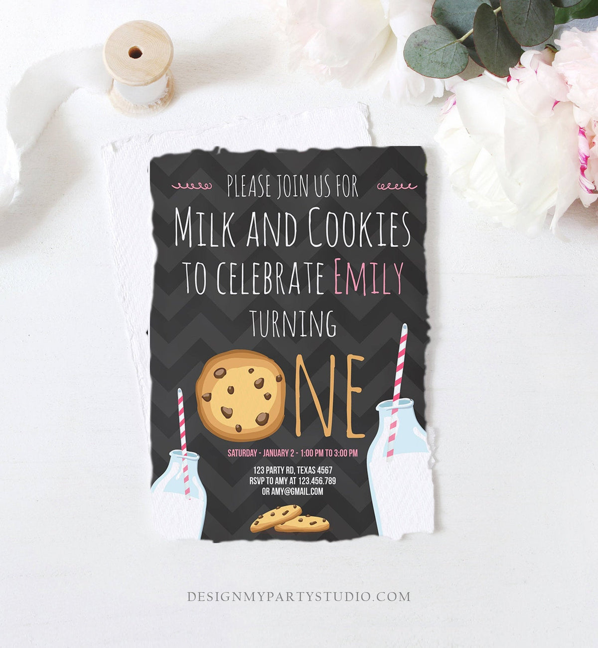 Editable Milk and Cookies Birthday Invitation Milk and Cookies Party Girl Birthday Pink First Birthday Printable Invite Template Corjl 0088