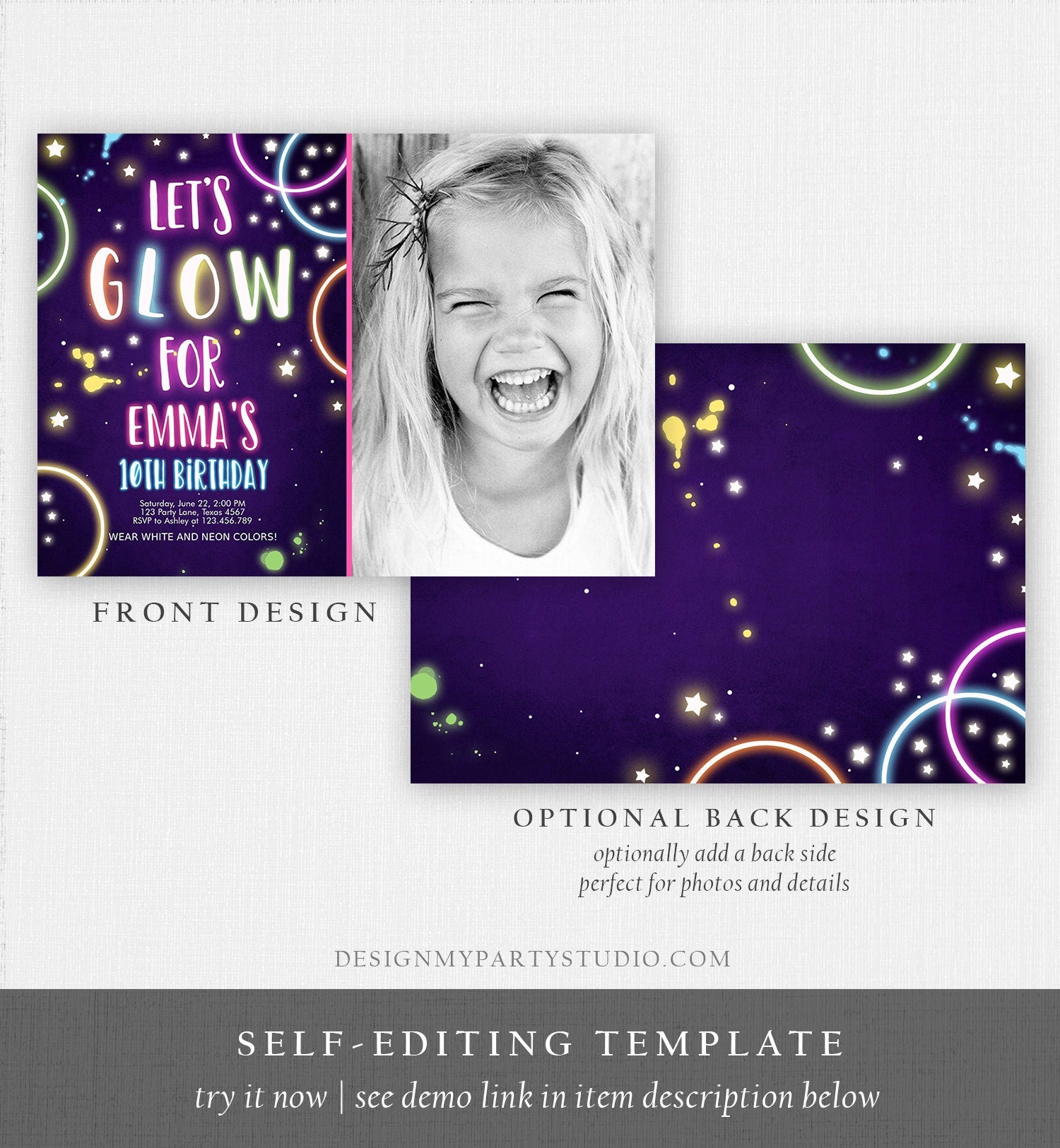 Editable Glow Birthday Invitation Glow Party Invite Neon Glow In The Dark Party Girls Teen Pink Download Printable Template Corjl 0172