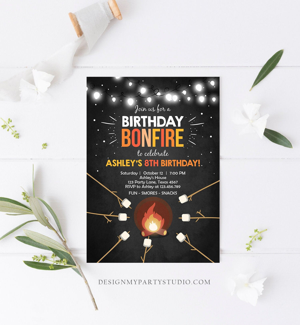 Editable Birthday Bonfire Invitation Camping Smore Fun Cookout Party S&#39;more Birthday Download Printable Invite Template Corjl Digital 0014